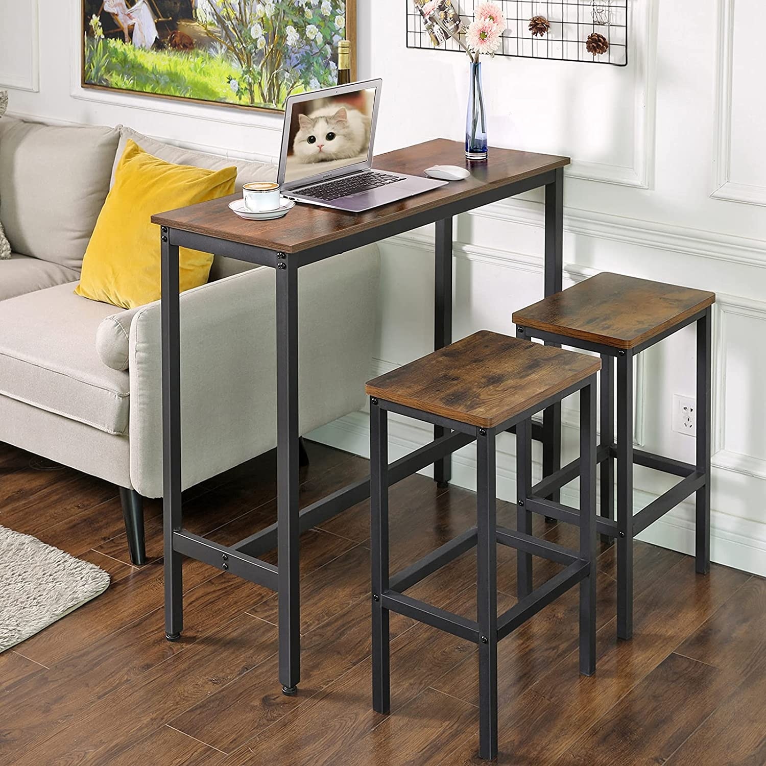 Parya Home - bartafel smal, keukentafel - aanrecht - rechthoekige bartafel - stevig metalen frame- 120 x 40 x 100 cm -donkerbruin