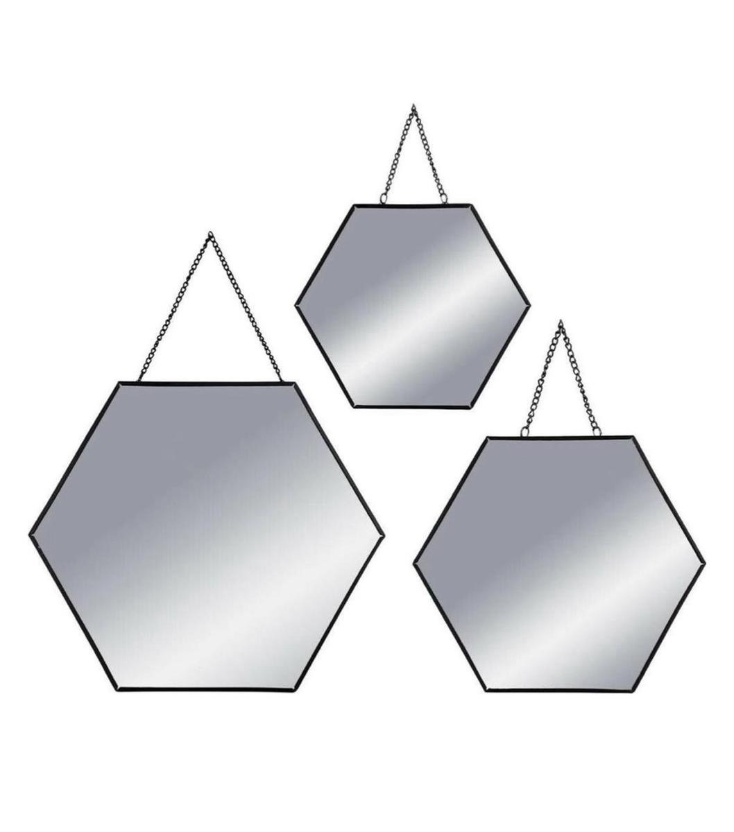 Spiegel Met Metalen Ketting- Hexagon- Set Van 3- Zwart Spiegel Met Metalen Ketting- Hexagon- Set Van 3- Zwart