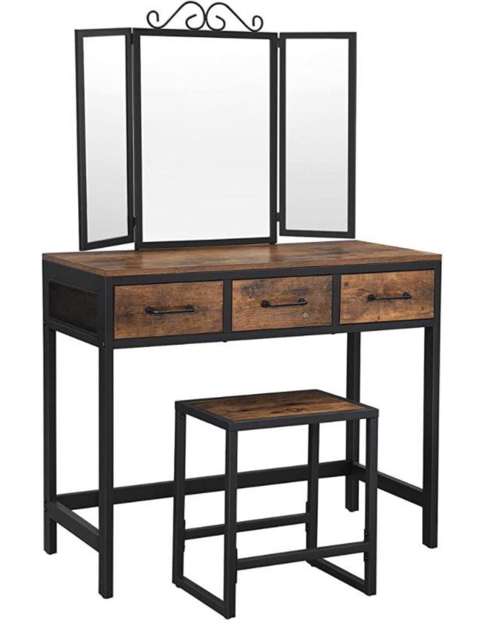 Songmics - make up table - with 3 piece folding mirror - 3 drawers - Steel frame - with stool - industrial design