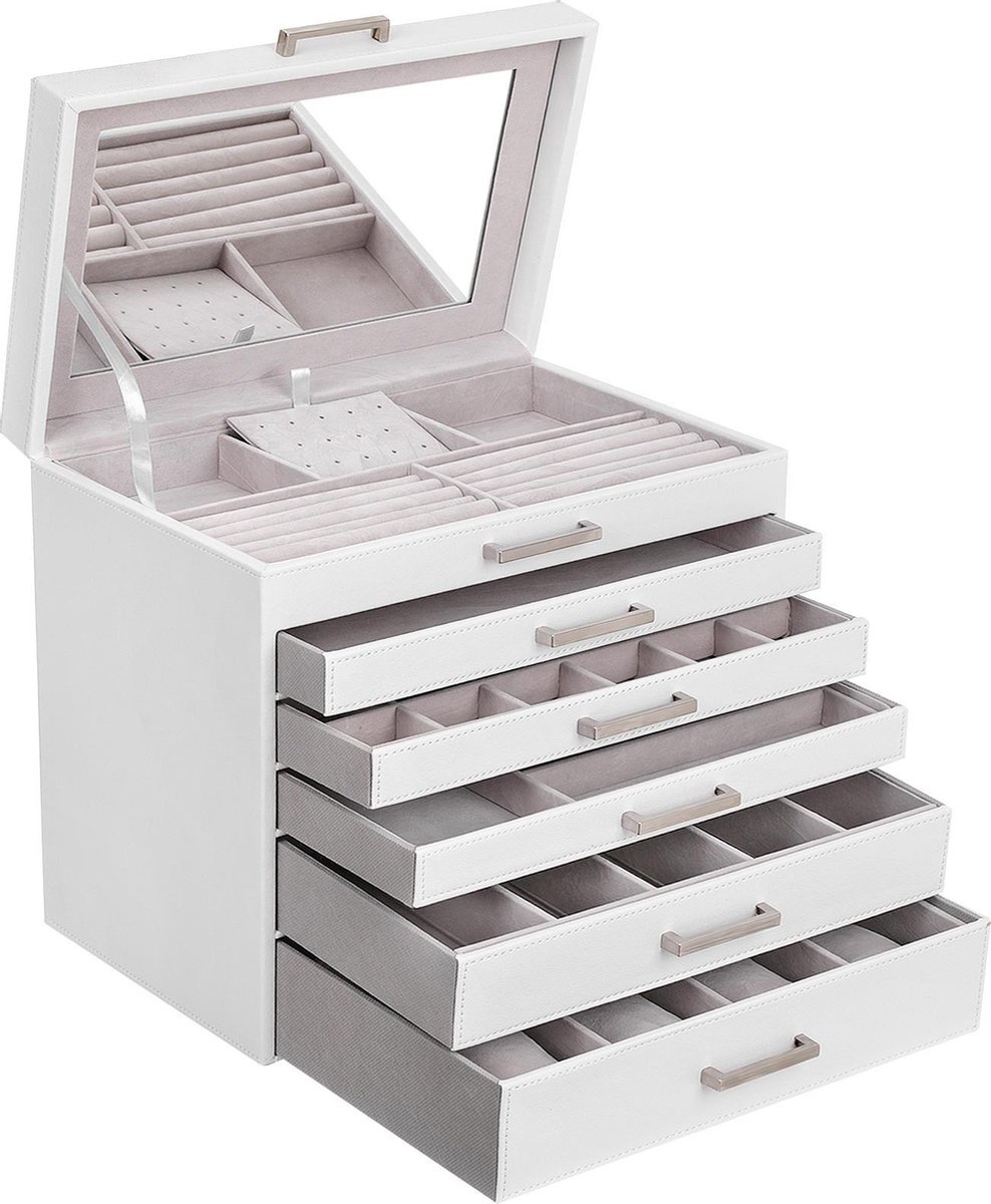 Sieradendoos - 6 Niveaus - Met spiegel - Wit - 30,5 x 31,5 x 21,5 cm