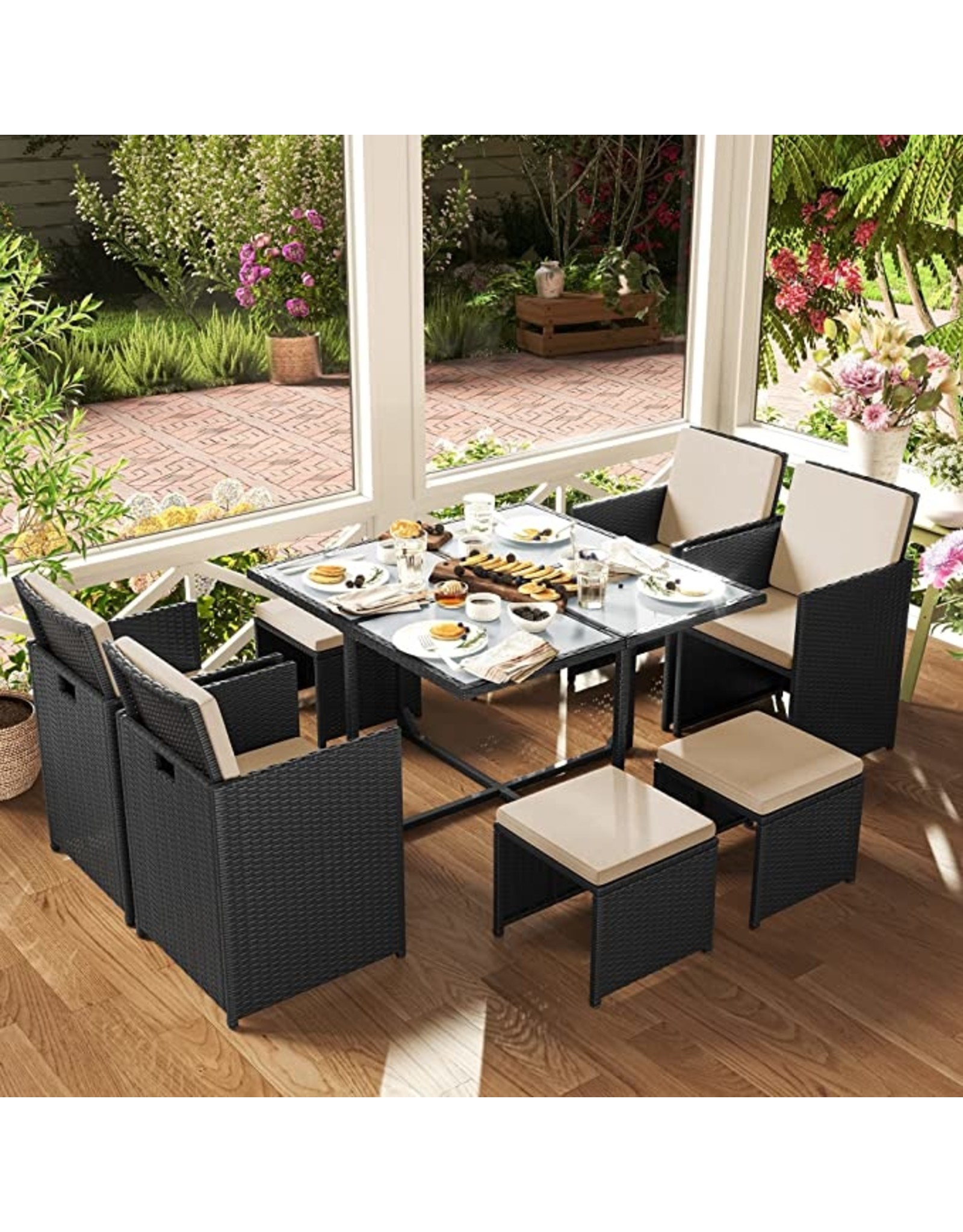 Parya Garden Parya Garden Garden furniture set, Dining table and chairs, set of 9 PE rattan patio furniture, dining room furniture, coffee table with glass top, with cushions, space saver, black and beige