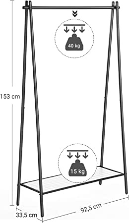 Parya Home Stahl-Kleiderständer mit Kleiderstange, Ablage im unteren Bereich, einfach, Schlafzimmer, Flur, Dachboden, Keller, 92,5 x 33,5 x 153 cm, Mattschwarz