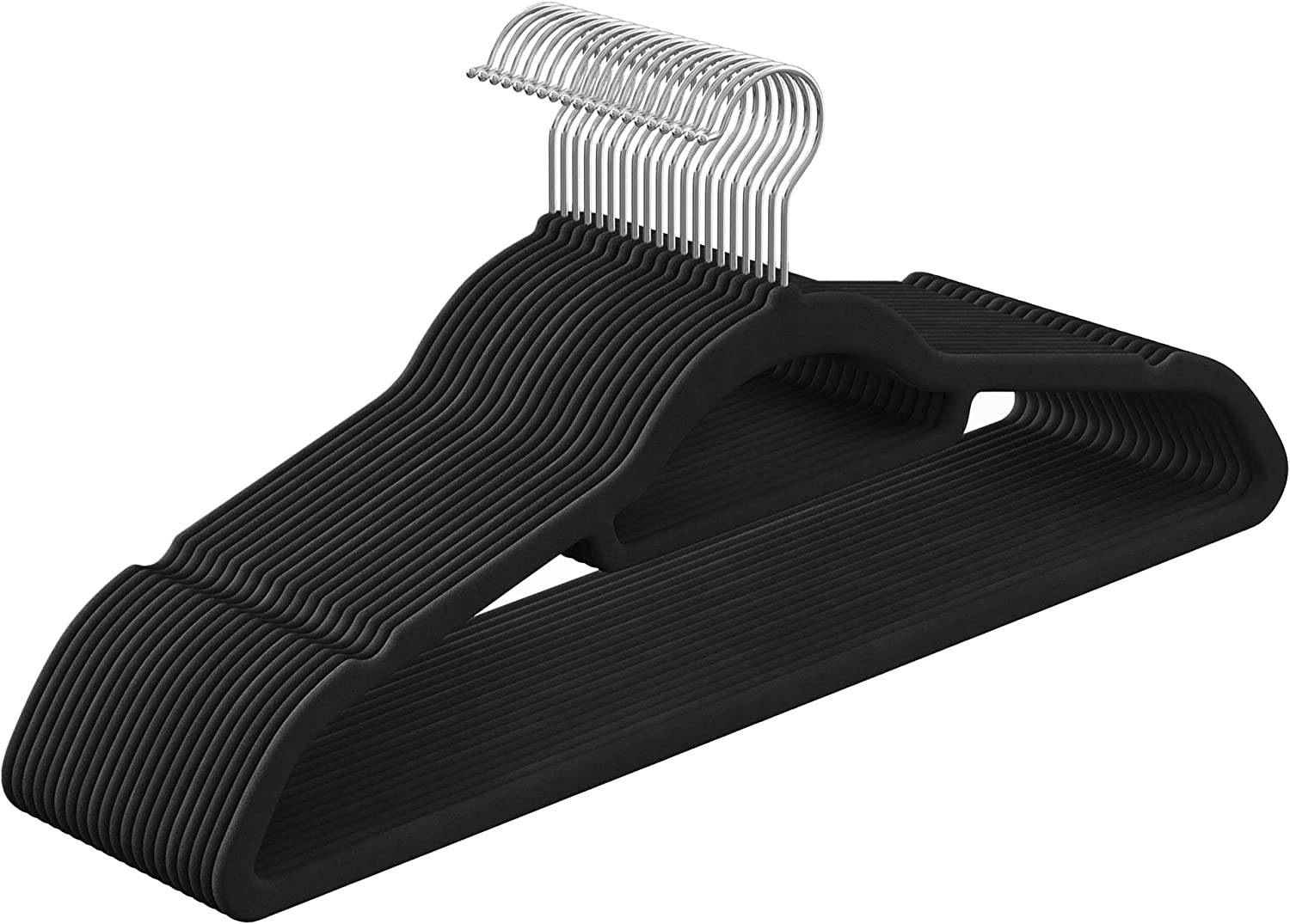 Kleerhangers, fluweel, 20 stuks, 0,6 cm dik, pakhangers, jashanger met antislip oppervlak, met twee inkepingen, 360 ° draaibare haak, antislip, zwart