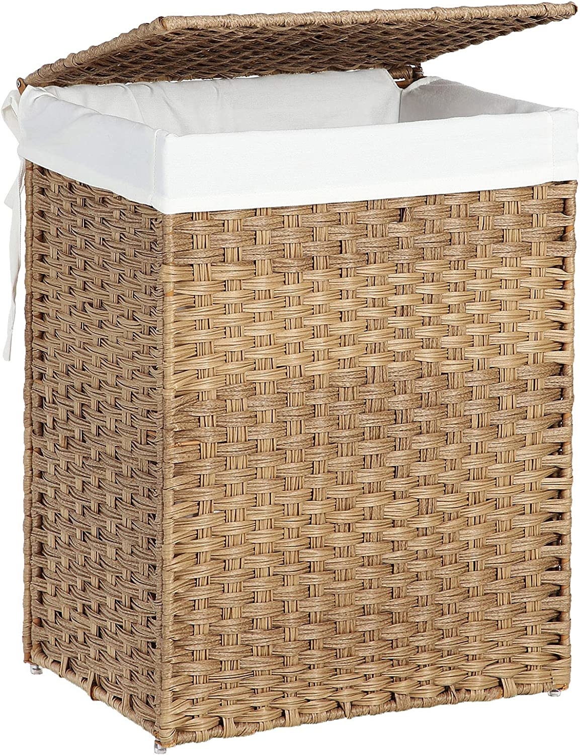 Wäschekorb handgeflochten - 90 L - Wäschekorb aus synthetischem Rattan - mit Deckel und Griffen - faltbar - Wäschesack abnehmbar - naturfarben