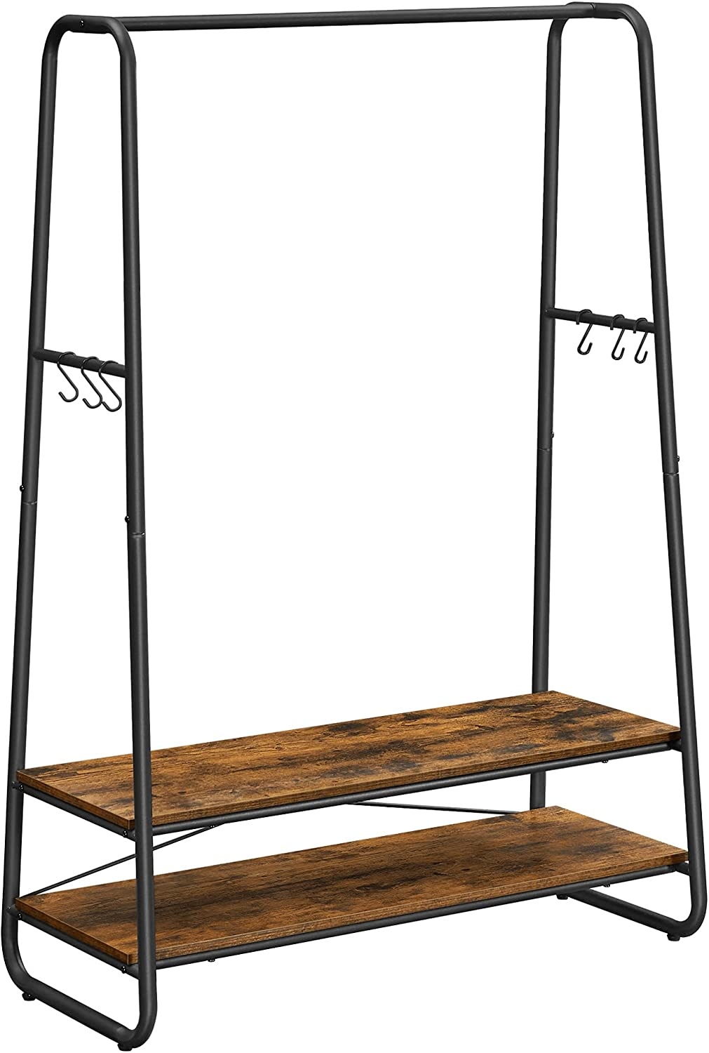 VASAGLE kledingrek, kapstok, garderobe, 2 legplanken, 6 haken in S-vorm, stalen frame, voor slaapkamer, hal, entree, industrieel ontwerp, vintage bruin-zwart RGR112B01