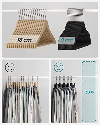 Kleerhangers, fluweel, 20 stuks, 0,6 cm dik, pakhangers, jashanger met antislip oppervlak, met twee inkepingen, 360 ° draaibare haak, antislip, zwart