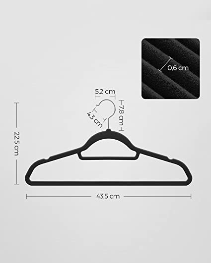 Kleerhangers, fluweel, 20 stuks, 0,6 cm dik, pakhangers, jashanger met antislip oppervlak, met twee inkepingen, 360 ° draaibare haak, antislip, zwart