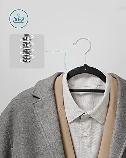 Kleerhangers, fluweel, 20 stuks, 0,6 cm dik, pakhangers, jashanger met antislip oppervlak, met twee inkepingen, 360 ° draaibare haak, antislip, zwart