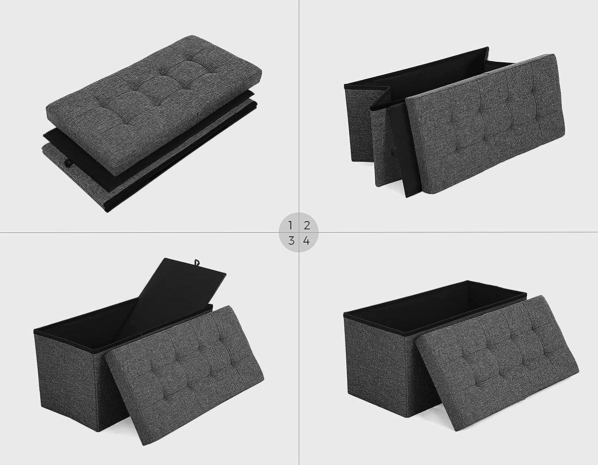 Opvouwbare poef - zitbank - 80 liter - half deksel - zijdelings inklapbaar - belastbaar tot 300 kg -76 x 38 x 38 cm - donkergrijs