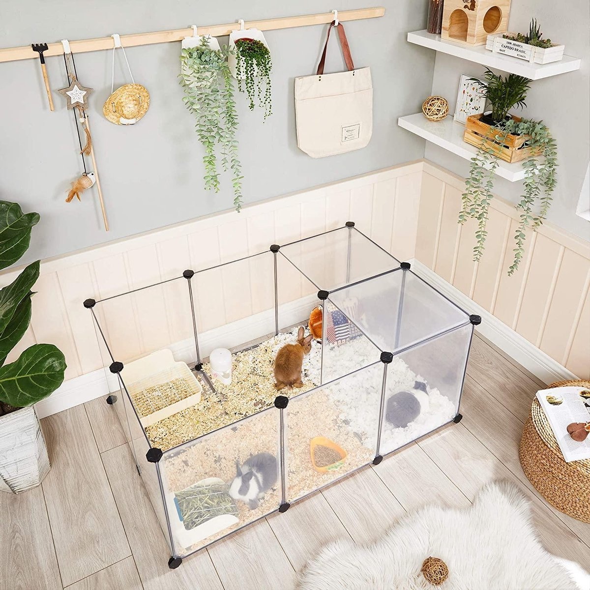 Tiergerechtes Innengehege mit Bodenplatten - Kunststoff-Stahlgitter für Kleintiere - Meerschweinchen, Hamster, Kaninchen - transparent