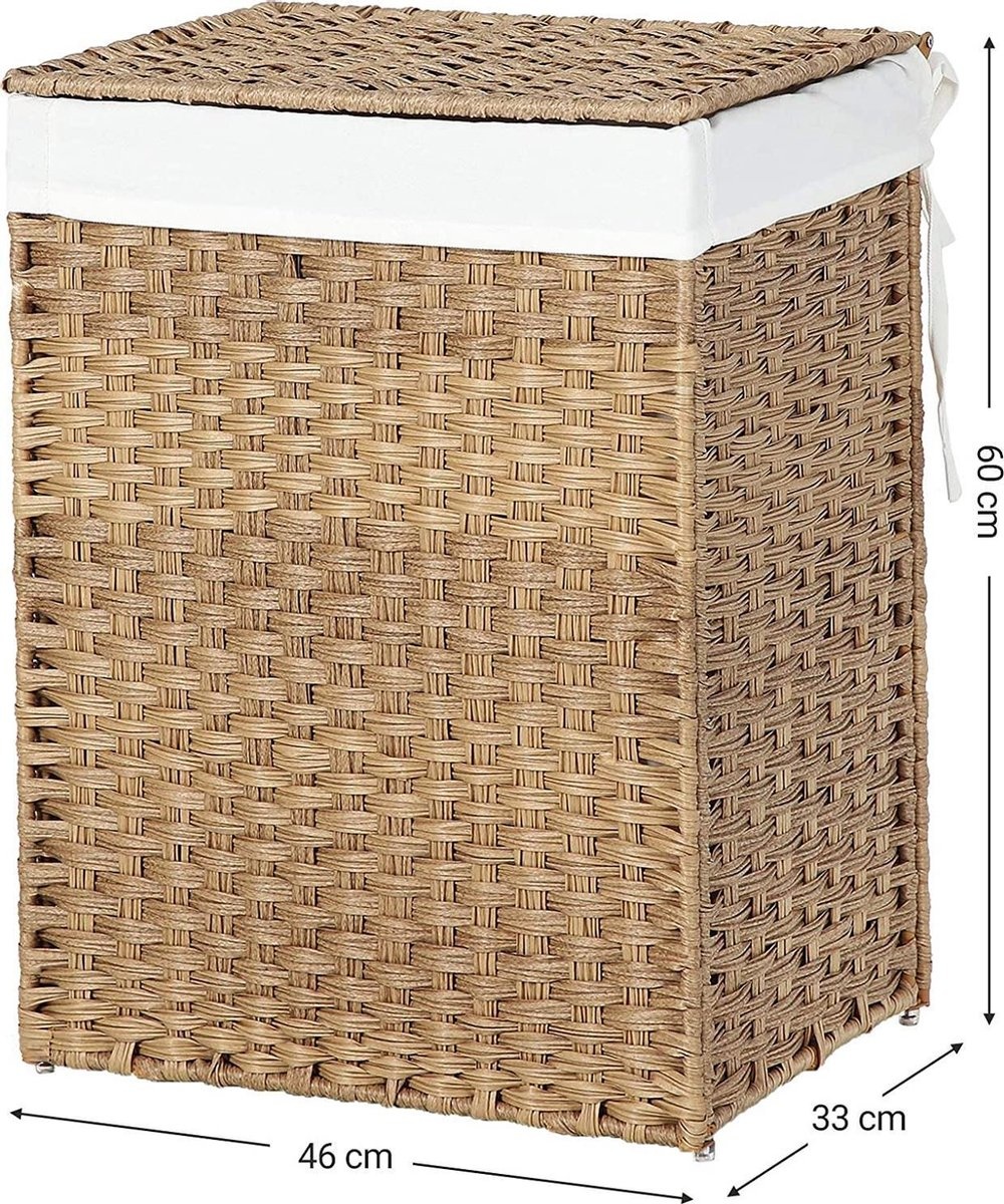 Wäschekorb handgeflochten - 90 L - Wäschekorb aus synthetischem Rattan - mit Deckel und Griffen - faltbar - Wäschesack abnehmbar - naturfarben
