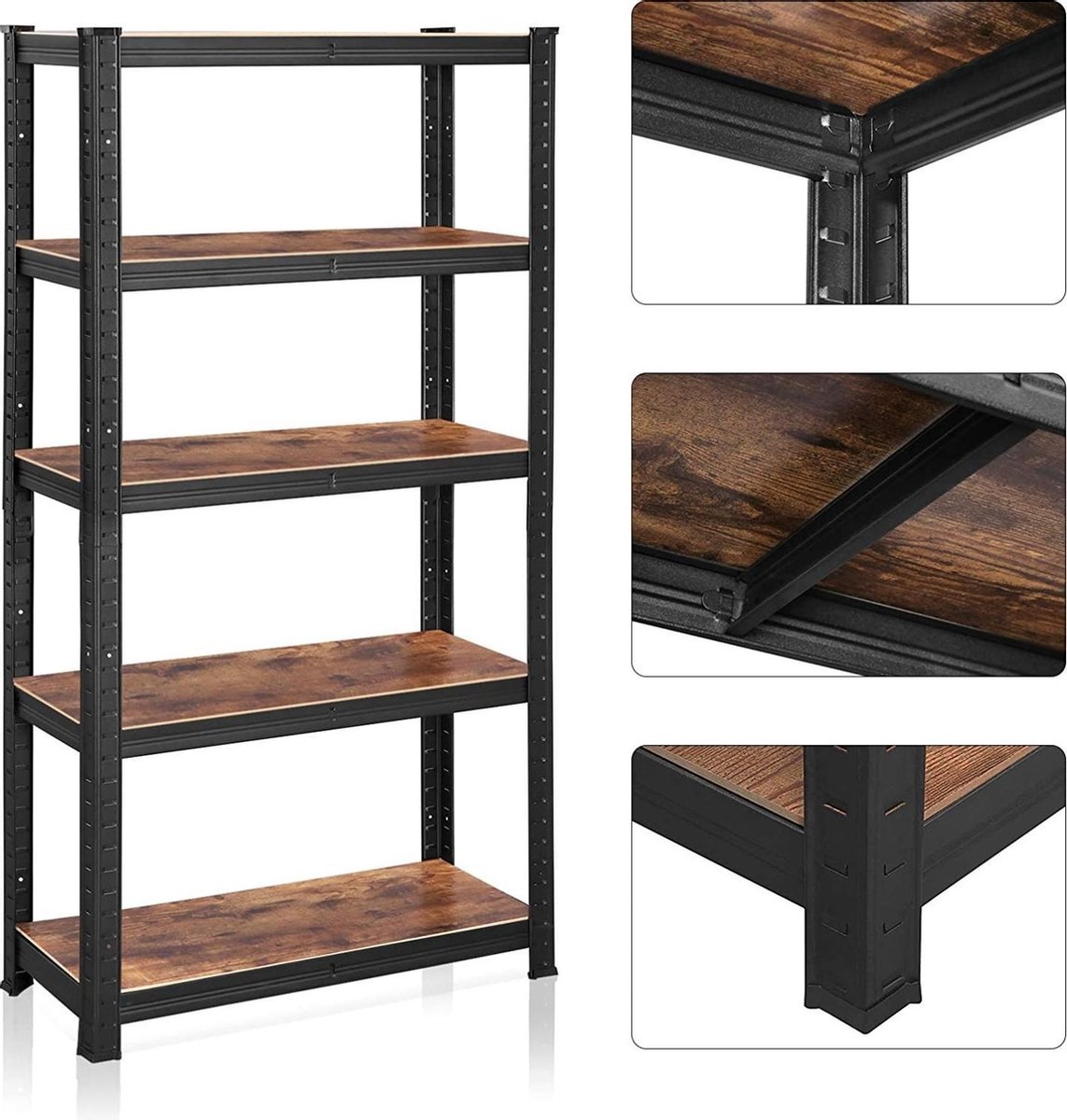 Stellingkast, boekenplank, opbergrek, 5 planken, keukenplank, plank, 150 x 75 x 30 cm, tot 650 kg verstelbare planken, industriële stijl, zwart-vinachtig bruin - Parya B.V.