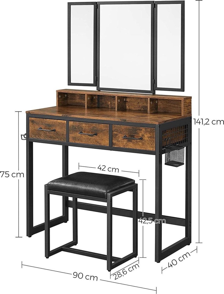 Dressing table with 3-piece folding mirror - Cosmetic Table with upholstered stool - Vintage Brown-Black