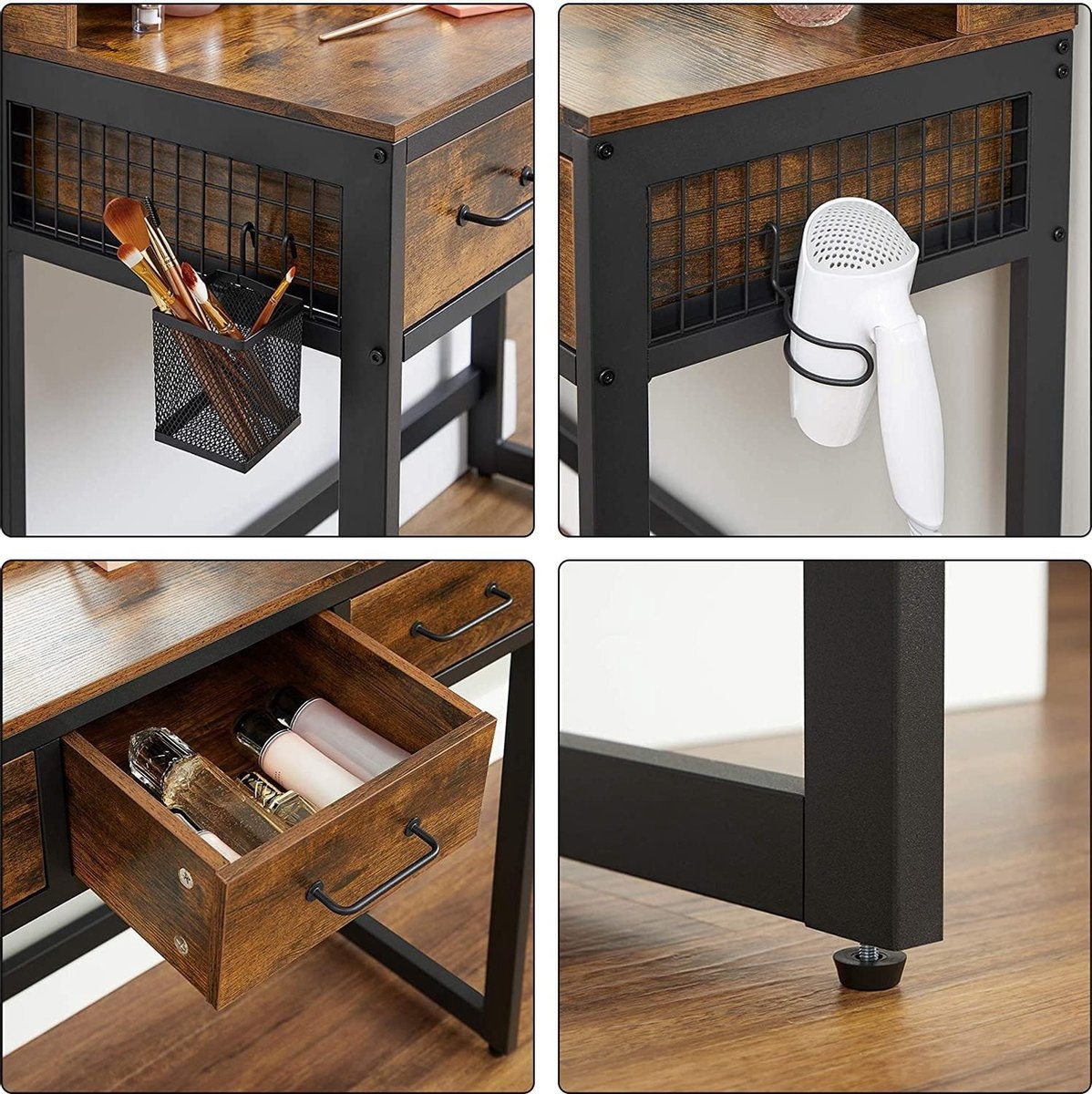 Kaptafel met 3-delige klapsspiegel - Cosmetische Tafel met gestoffeerde kruk - Vintage Bruin-zwart