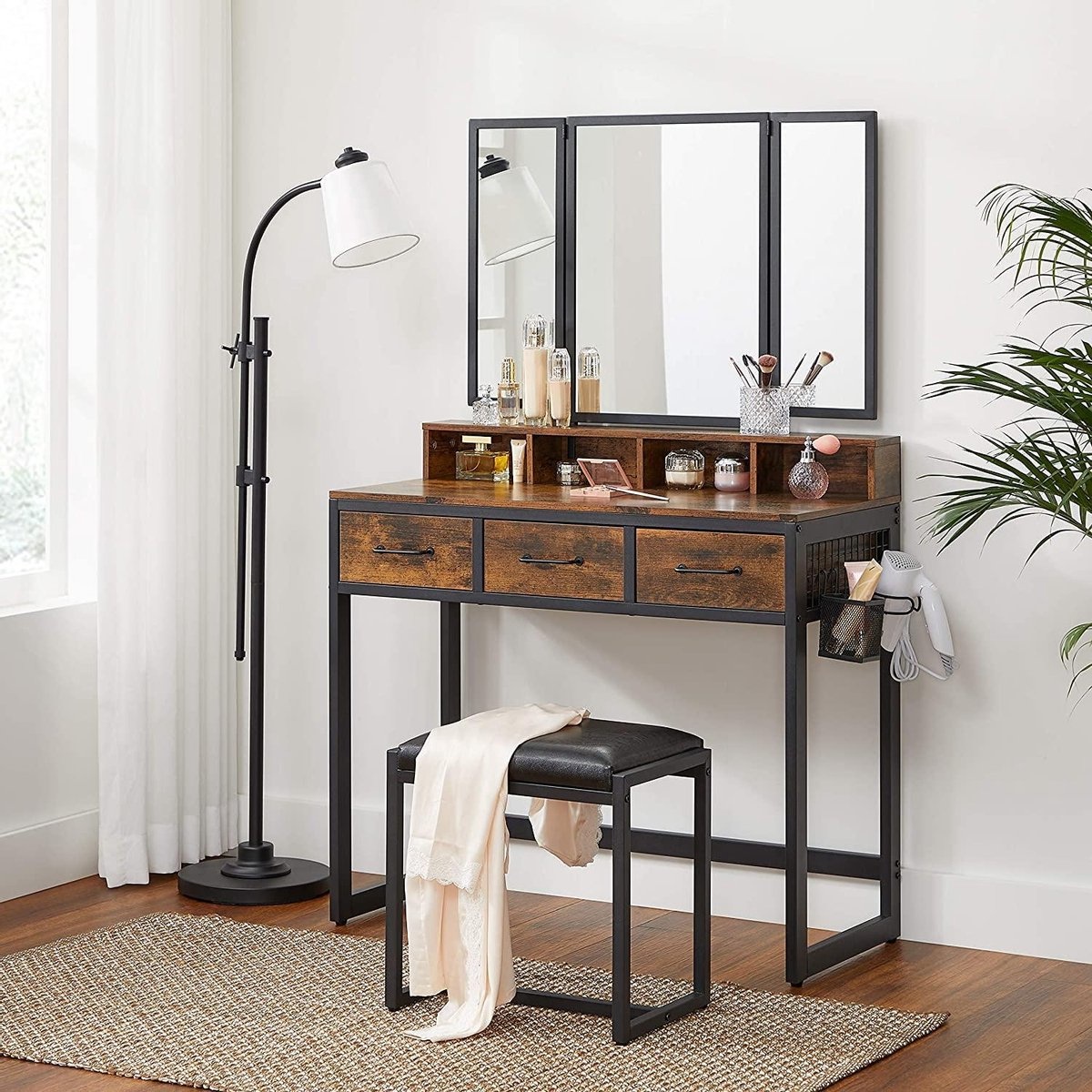 Dressing table with 3-piece folding mirror - Cosmetic Table with upholstered stool - Vintage Brown-Black