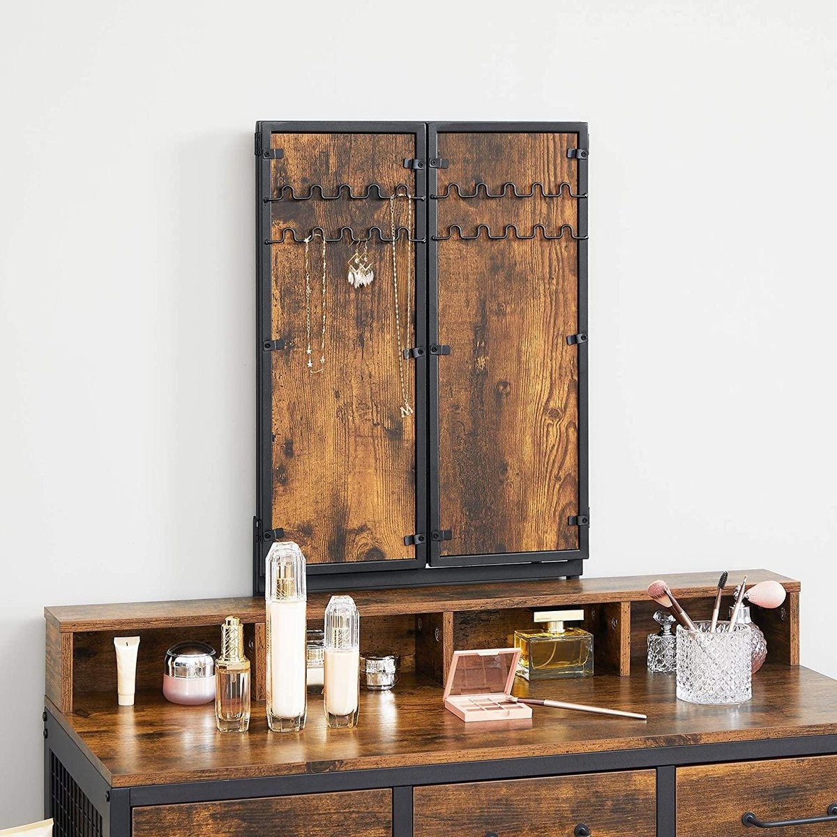 Dressing table with 3-piece folding mirror - Cosmetic Table with upholstered stool - Vintage Brown-Black