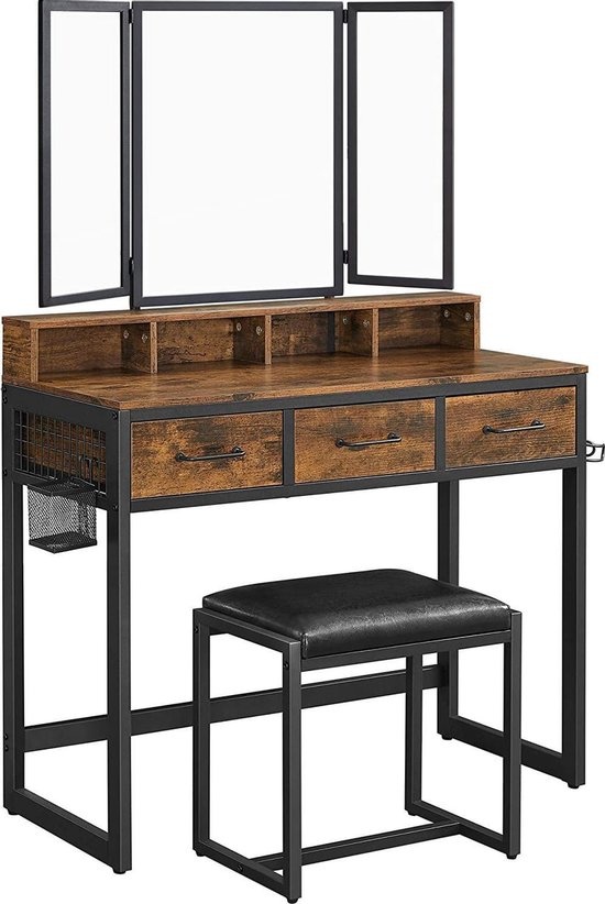 Dressing table with 3-piece folding mirror - Cosmetic Table with upholstered stool - Vintage Brown-Black