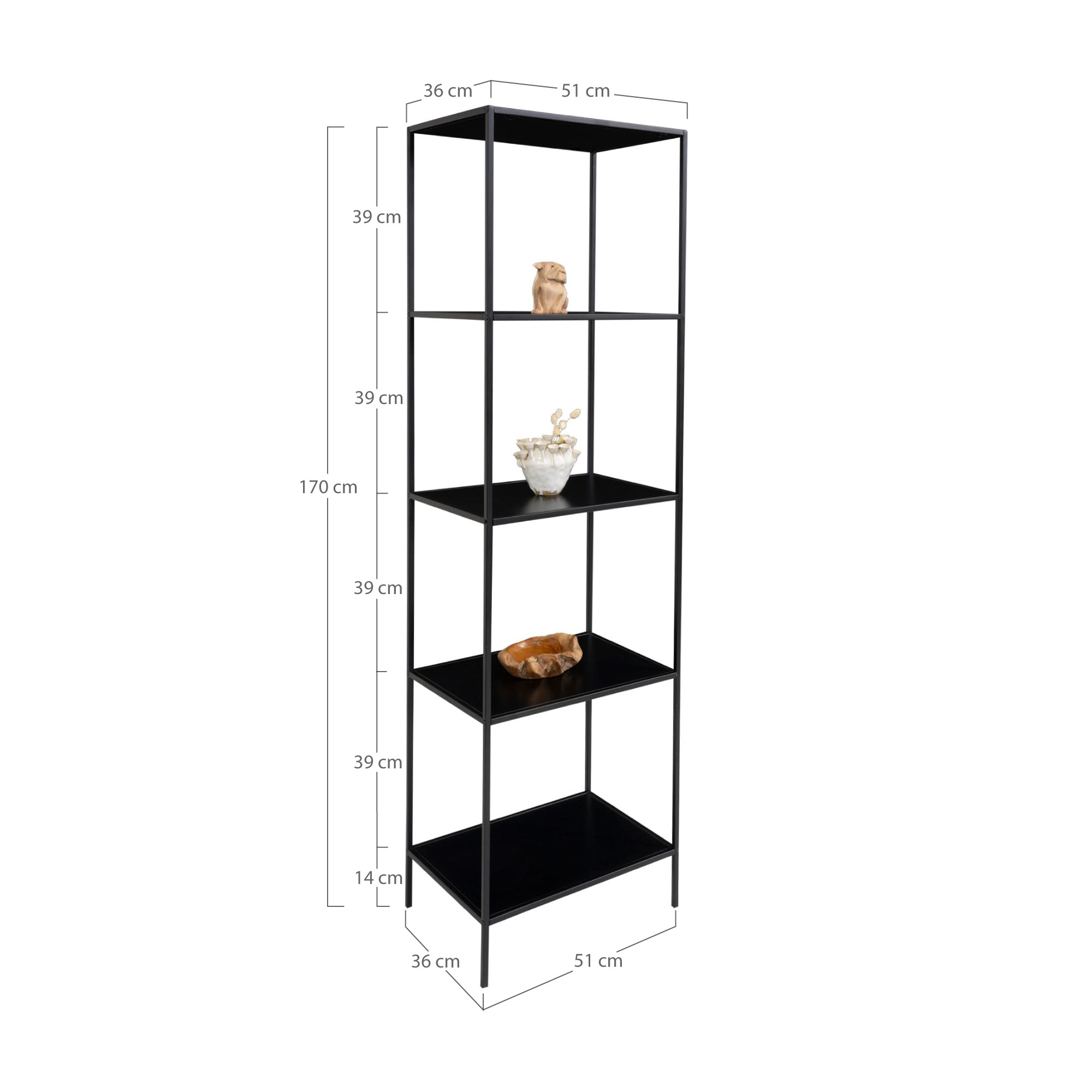 Vita Regal - Regal mit schwarzem Rahmen und 5 schwarzen Böden 51x36x170 cm