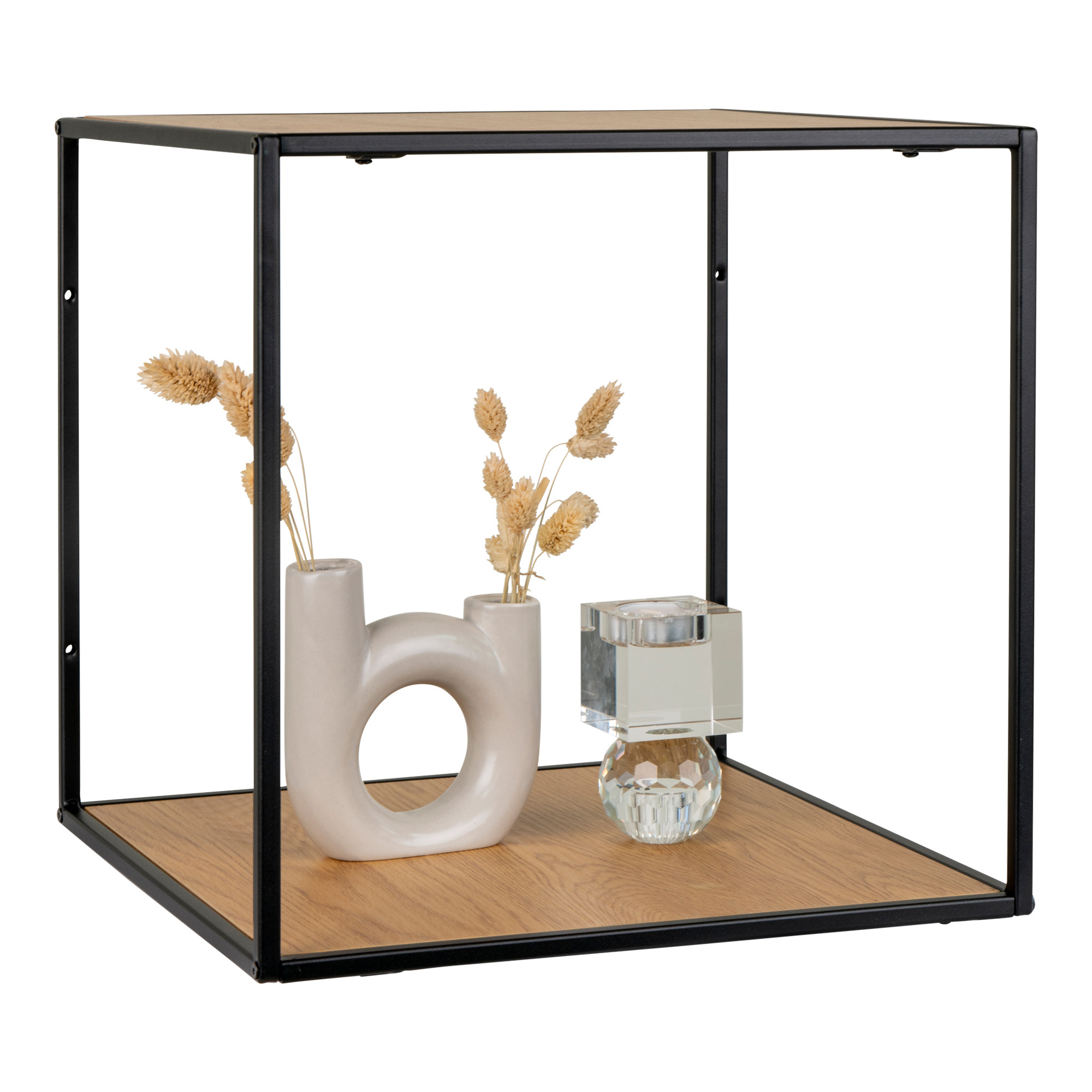 Vita Wallshelf - Plank met zwart frame en eiken look planken 36x36x36 cm