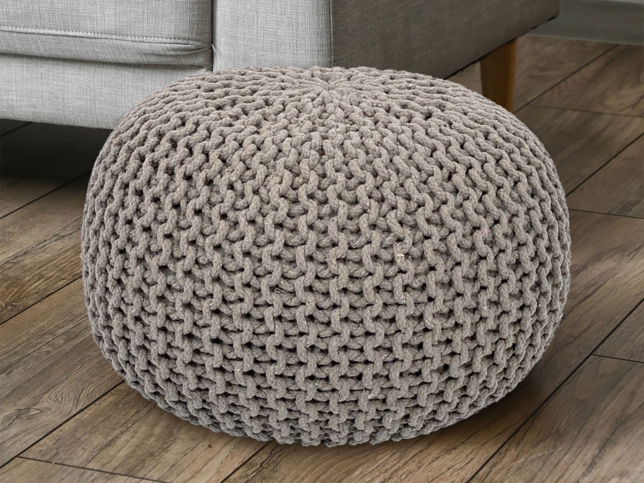 Fußhocker - Hocker - Ø 55 cm x 37cm - grau - Grobstrickoptik - Langlebig