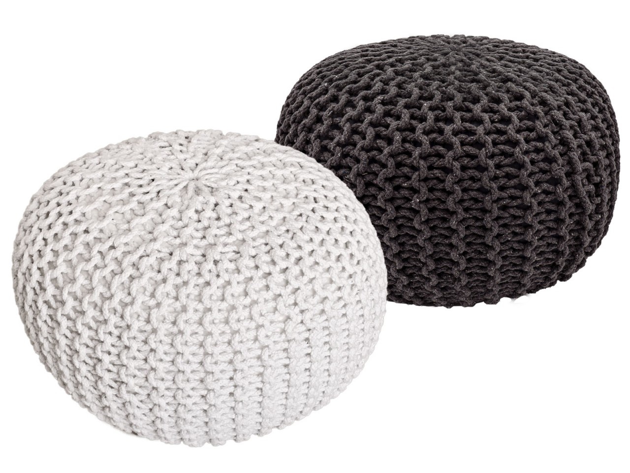 Poef - SET 2 stuks - Ø 55 cm H 37 cm - Wit/Zwart - Grof gebreide look - duurzaam