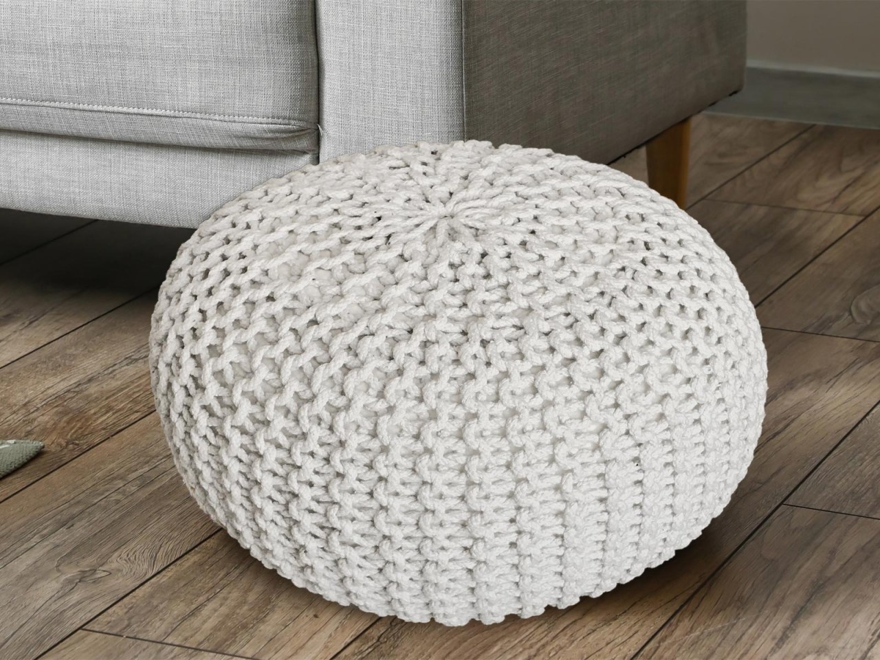 Poef - Kruk Ø 55 cm x 37 cm - Wit - Grof gebreide look - Duurzaam