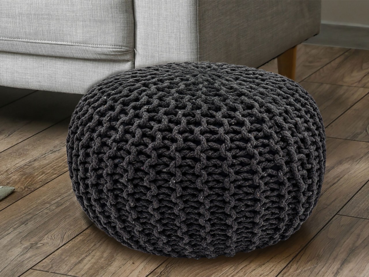 Fußhocker - Hocker - Ø 55 cm x 37cm - Steingrau - Grobstrickoptik - Langlebig
