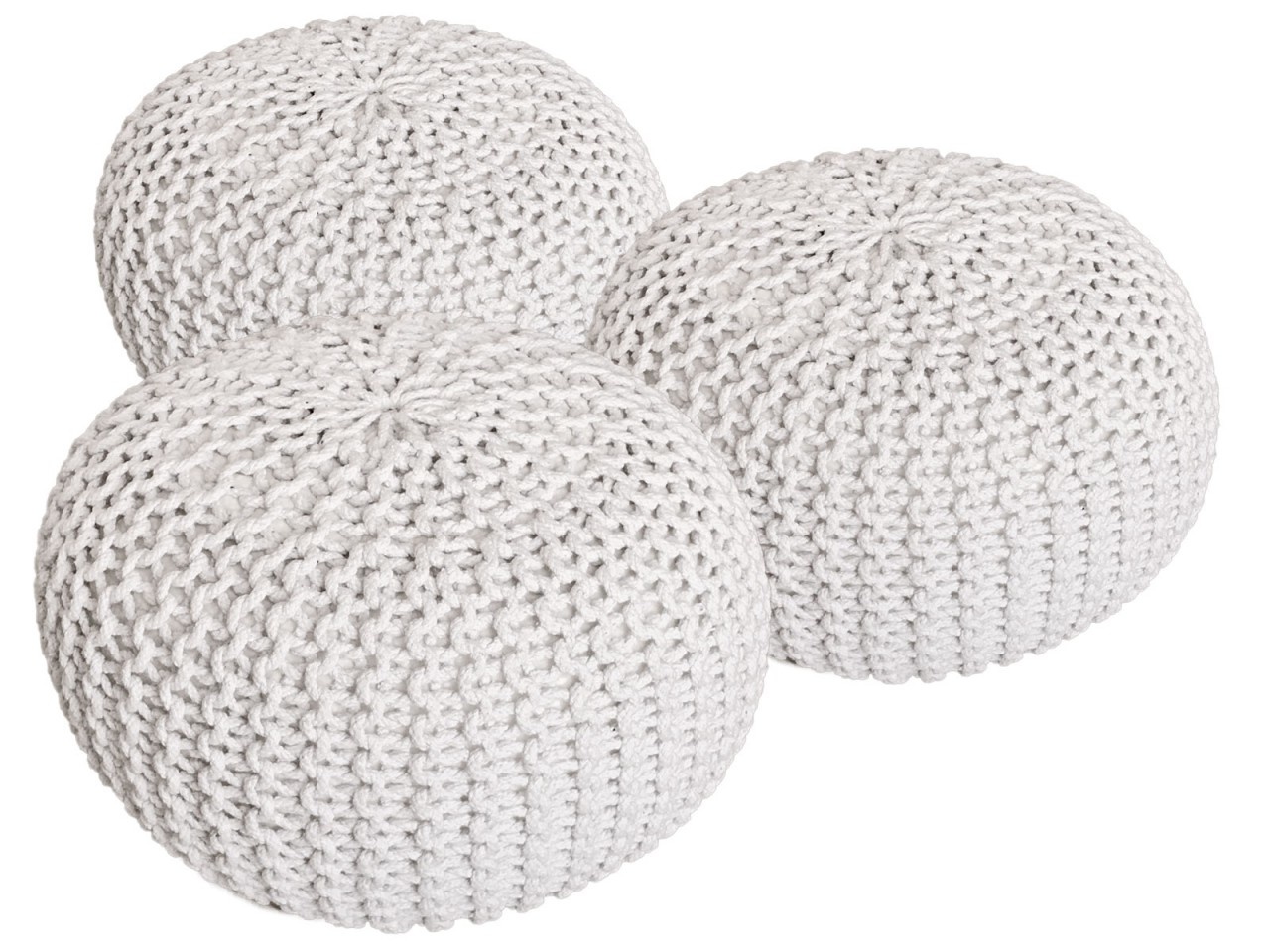 Fußhocker - Set 3-teilig - Ø 55 cm x 37cm - Weiß - Grobgestrickte Optik