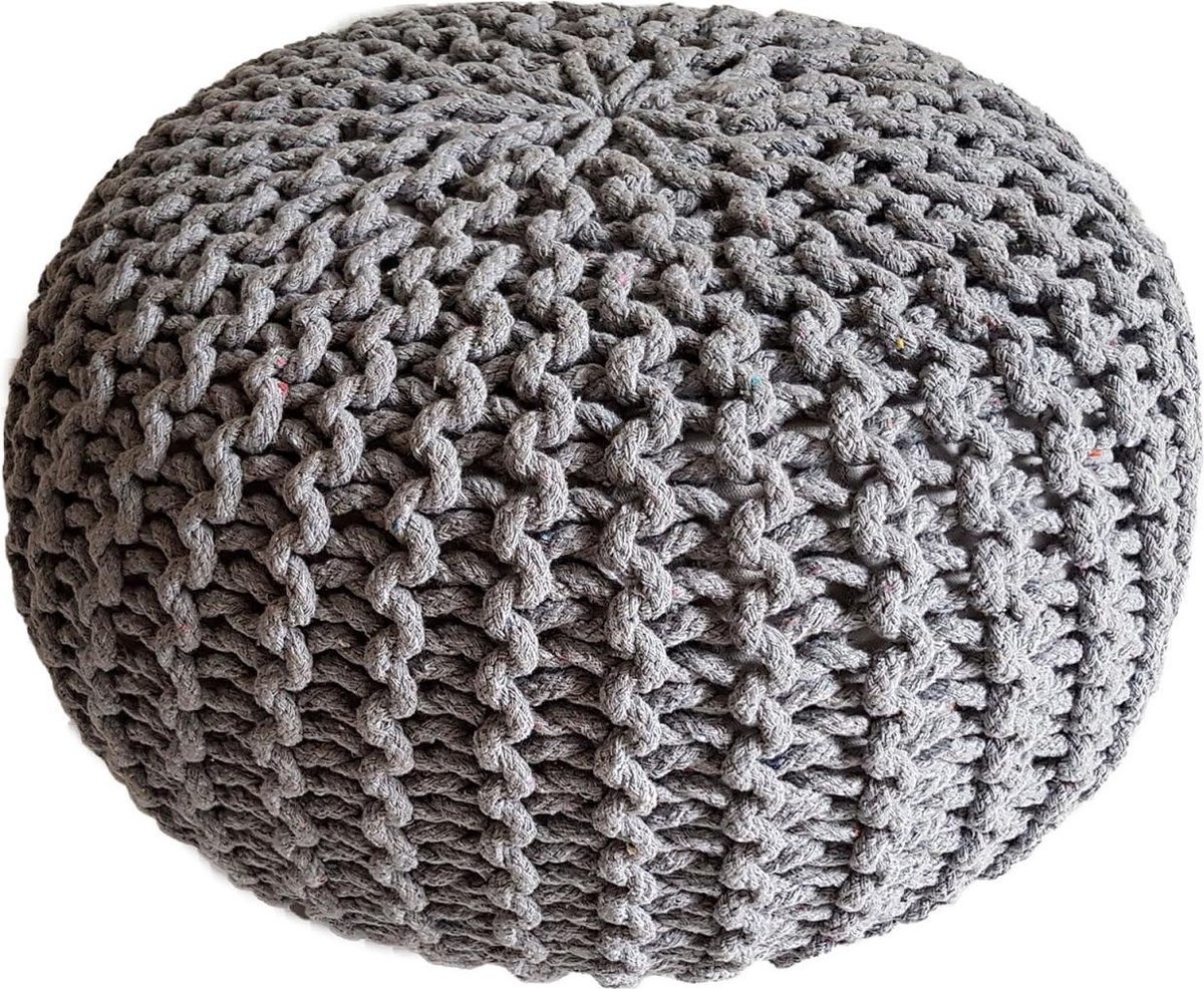 Poef - kruk - Ø 55 cm x 37cm - grijs - Grof gebreide look - Duurzaam