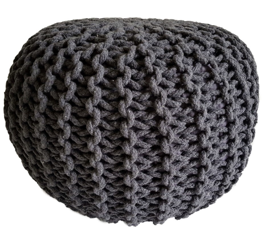 Poef - Kruk Ø 45 cm x 30 cm - Donkergrijs - Grof gebreide look - Duurzaam