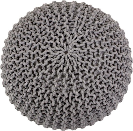 Poef - Kruk Ø 55 cm x 37 cm - Lichtgrijs - Grof gebreide look - Duurzaam
