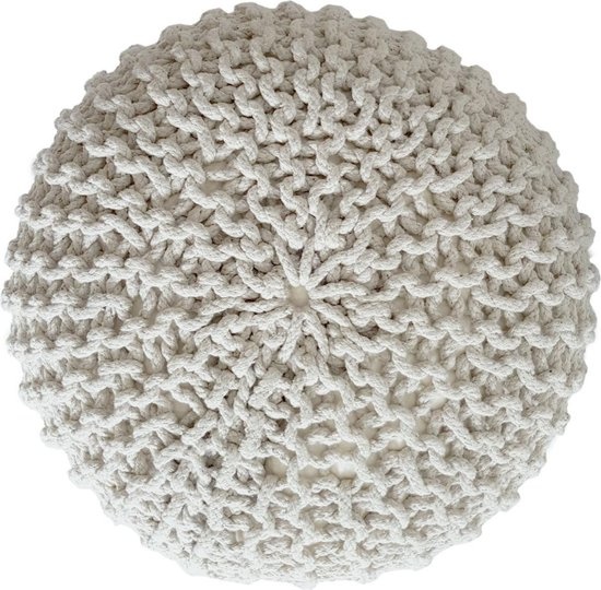 Poef - Kruk Ø 55 cm x 37 cm - Wit - Grof gebreide look - Duurzaam