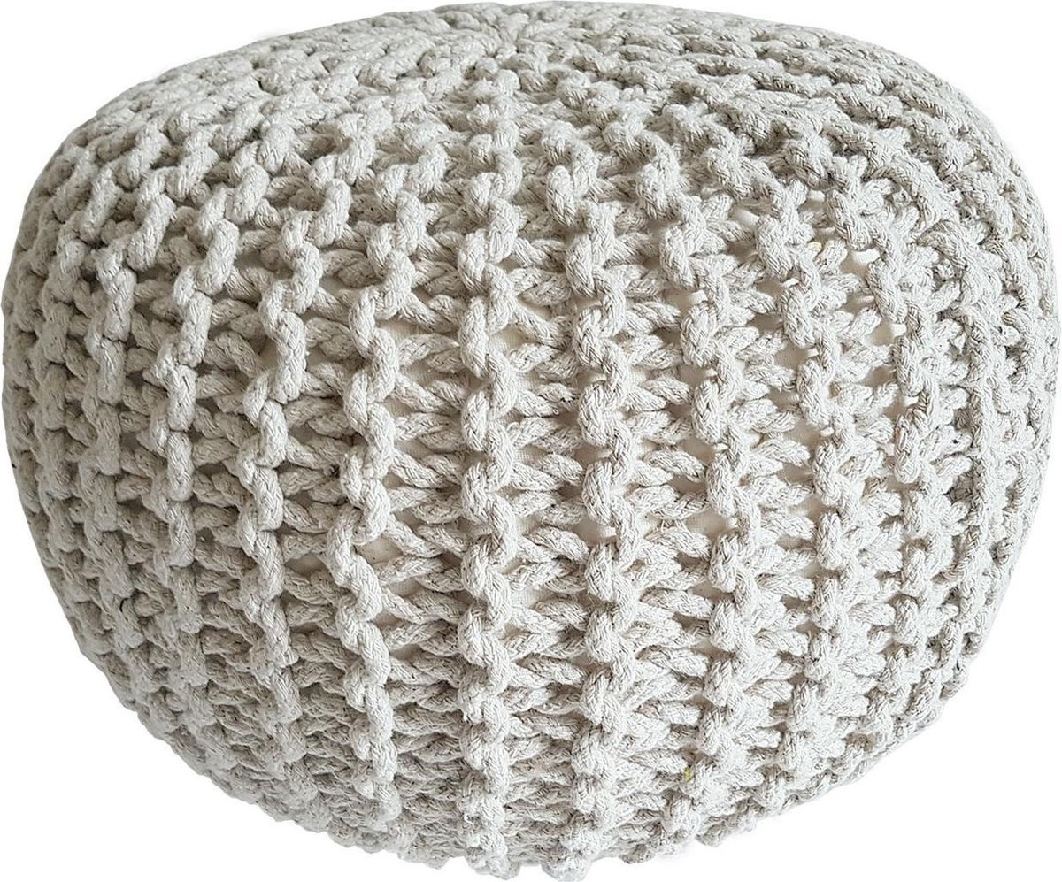 Poef - Kruk Ø 55 cm x 37 cm - Wit - Grof gebreide look - Duurzaam