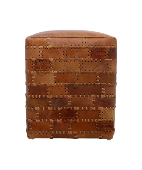 HSM Collection poef Jari - patchwork leder - vintage cognac - Leen Bakker