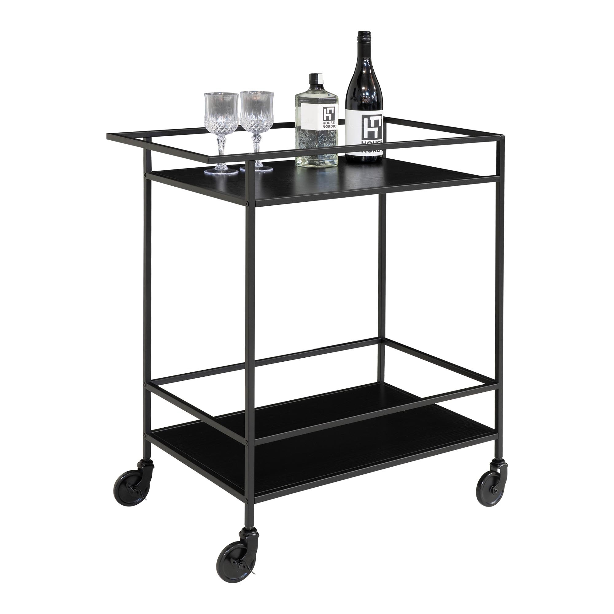 Vita Bar Trolley - Barwagen mit schwarzem Rahmen und Rädern und zwei schwarzen Ablagen 68x40x79 cm