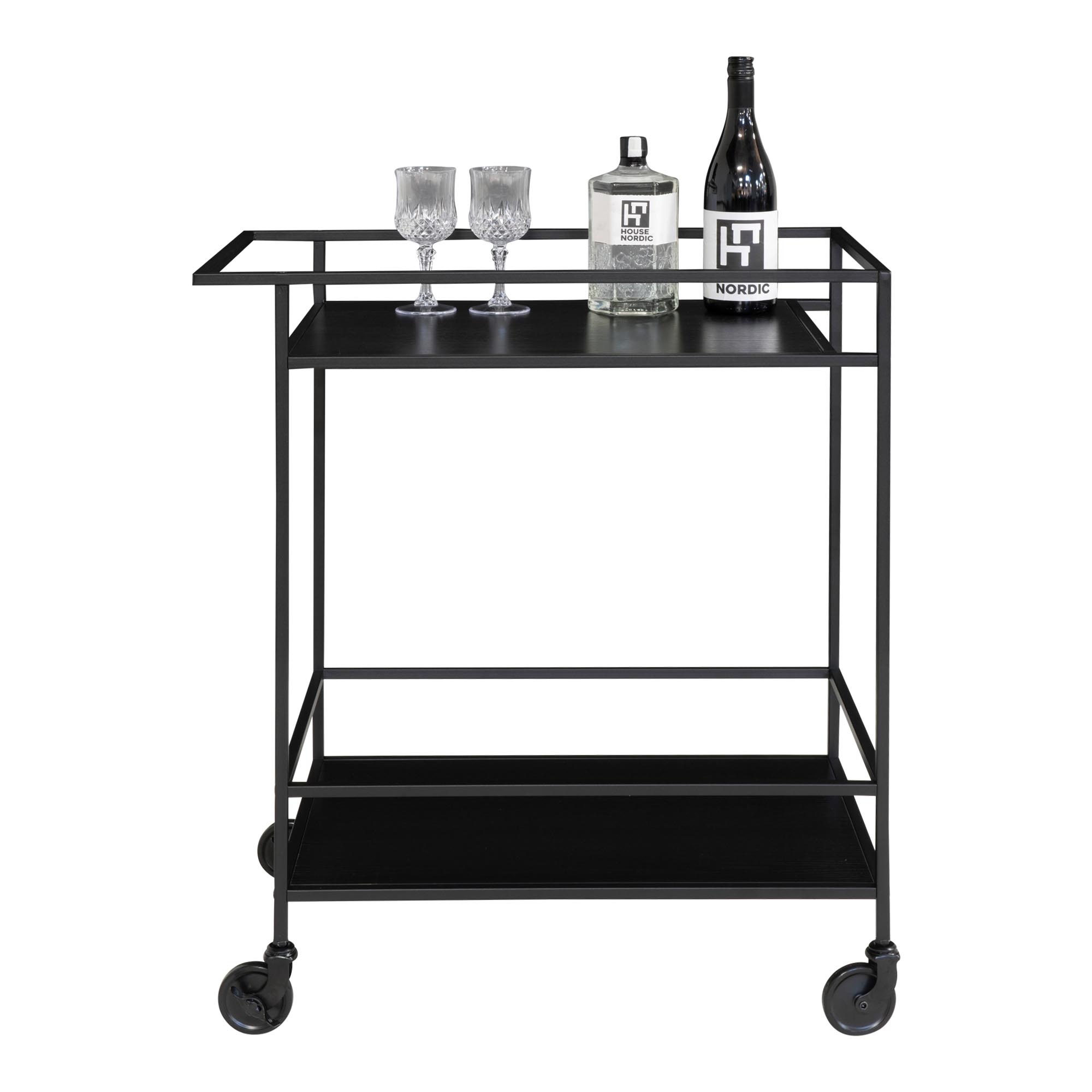 Vita Bar Trolley - Barwagen mit schwarzem Rahmen und Rädern und zwei schwarzen Ablagen 68x40x79 cm