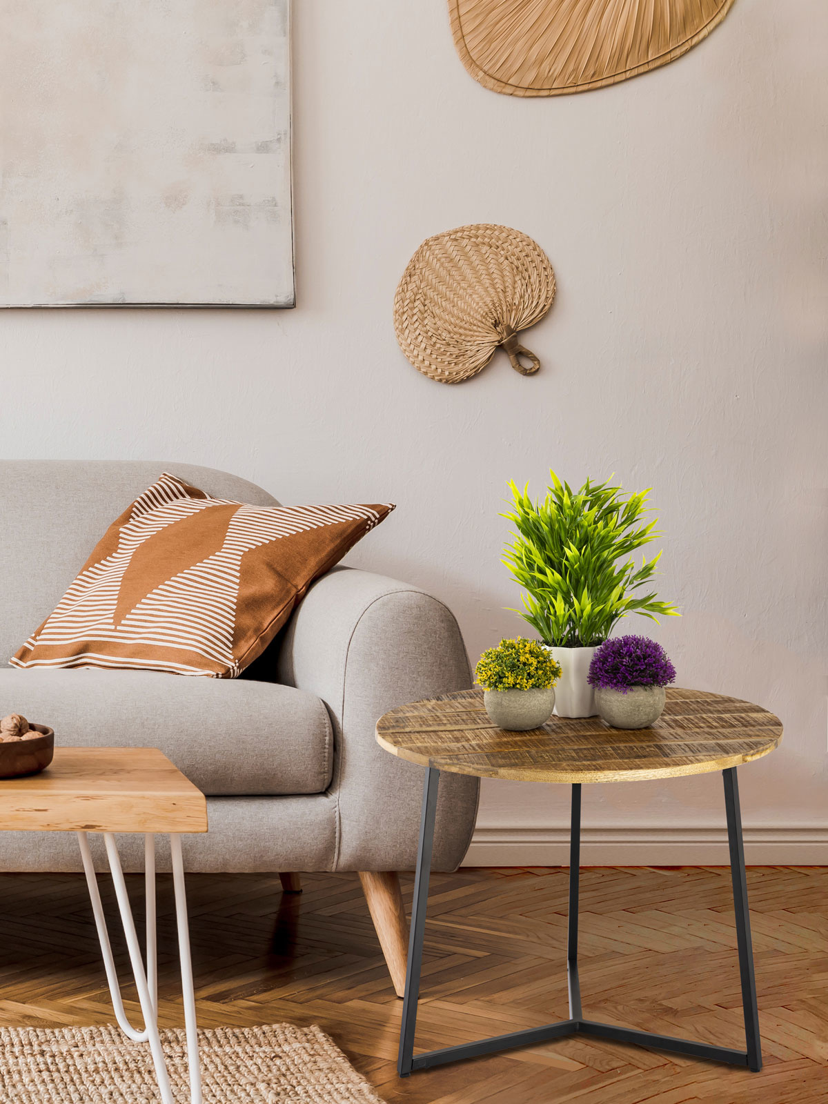 Parya Home - Couchtisch rund Massivholz ø 56cm Wohnzimmertisch Beistelltisch La Palma Metallgestell schwarz