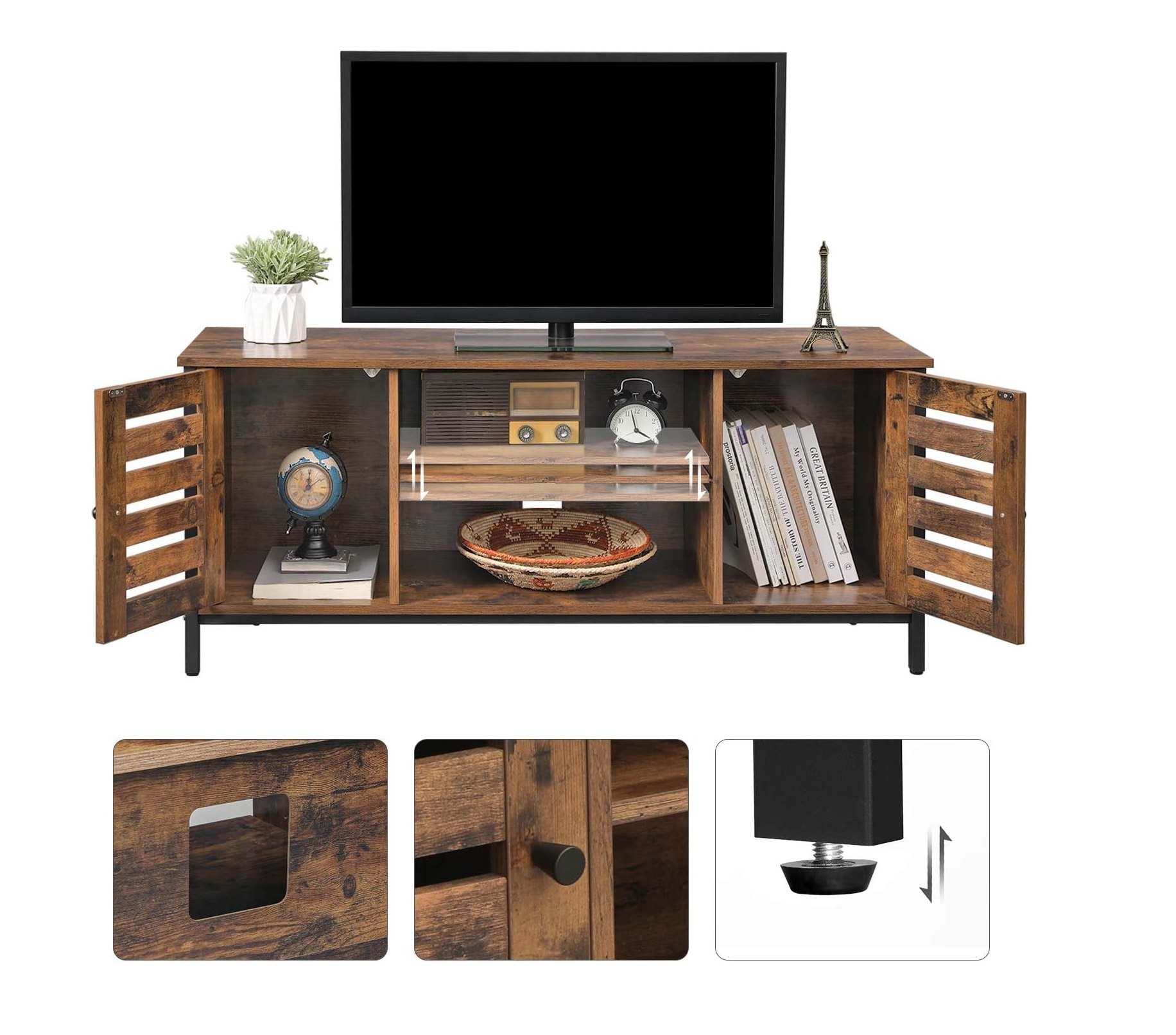 Parya Home - TV-Tisch aus Holz - 2 Schränke und 2 Regale - Vintage - Dunkelbraun