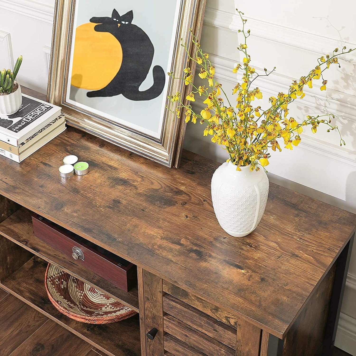 Parya Home - TV-Tisch aus Holz - 2 Schränke und 2 Regale - Vintage - Dunkelbraun