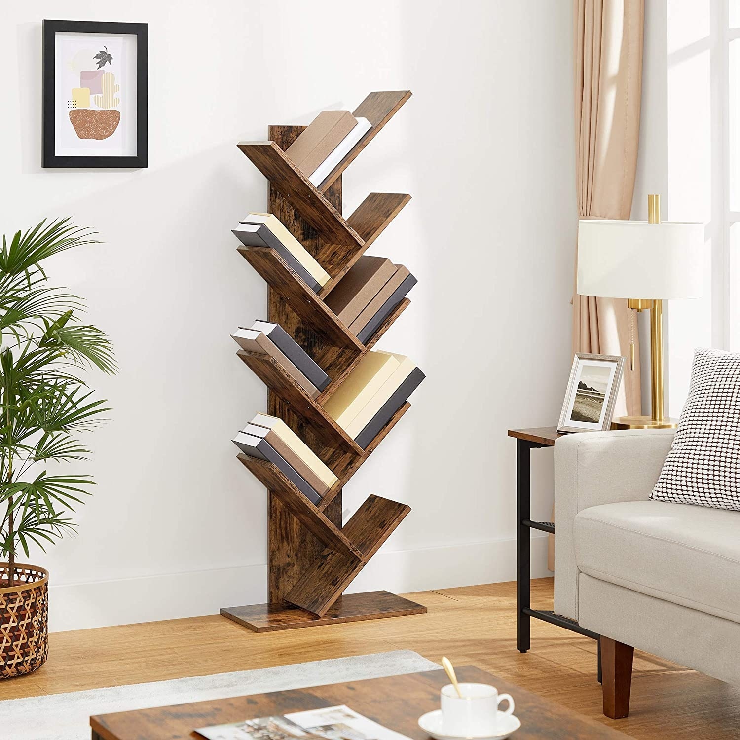 Parya Home - Houten Boekenkast - 8 niveaus - Vintage - Staande Plank - Bruin