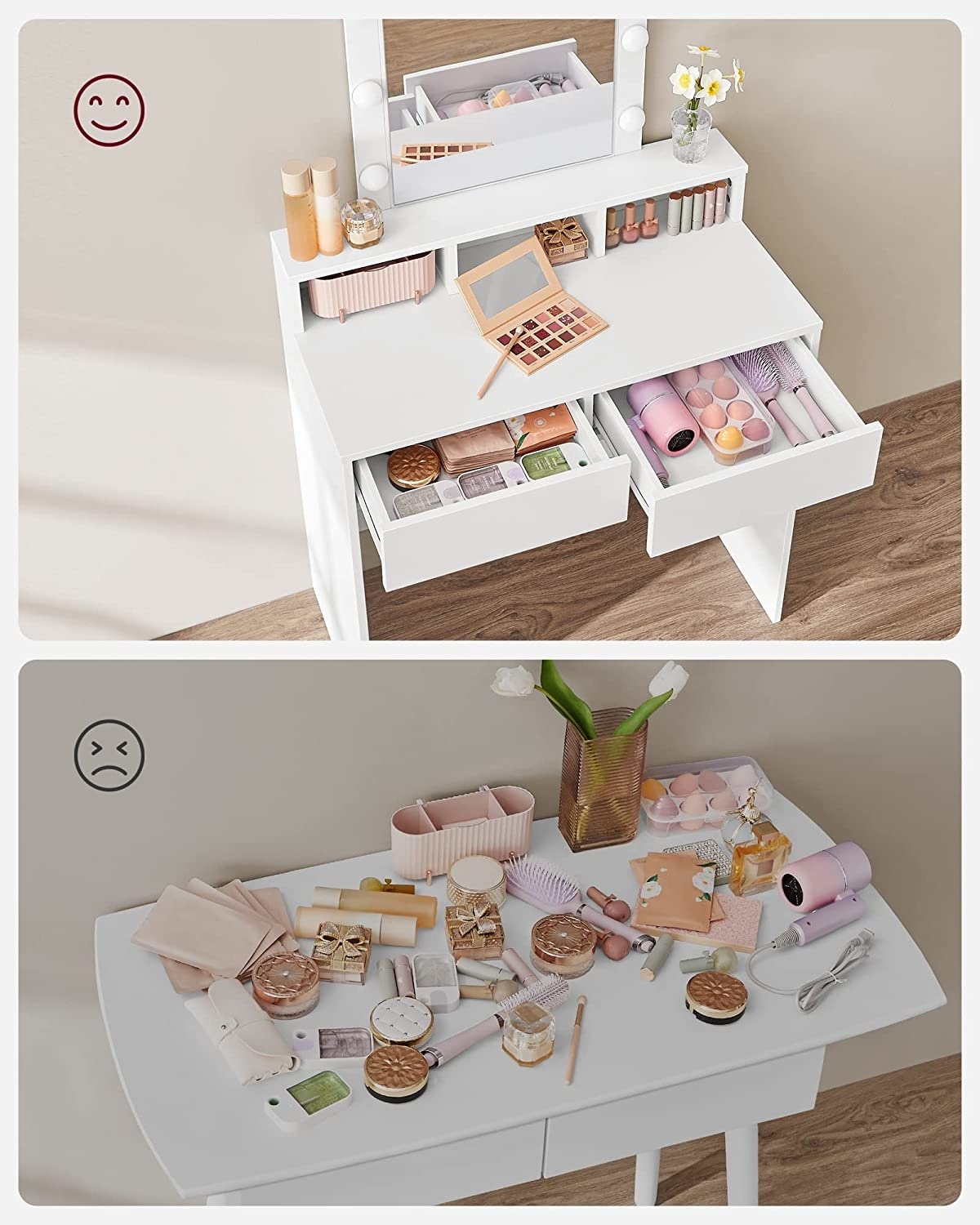 Parya Home - Weißer Frisiertisch - Rechteckiger Spiegel - Glühbirnen - 2 Schubladen und 3 offene Fächer - Weiß