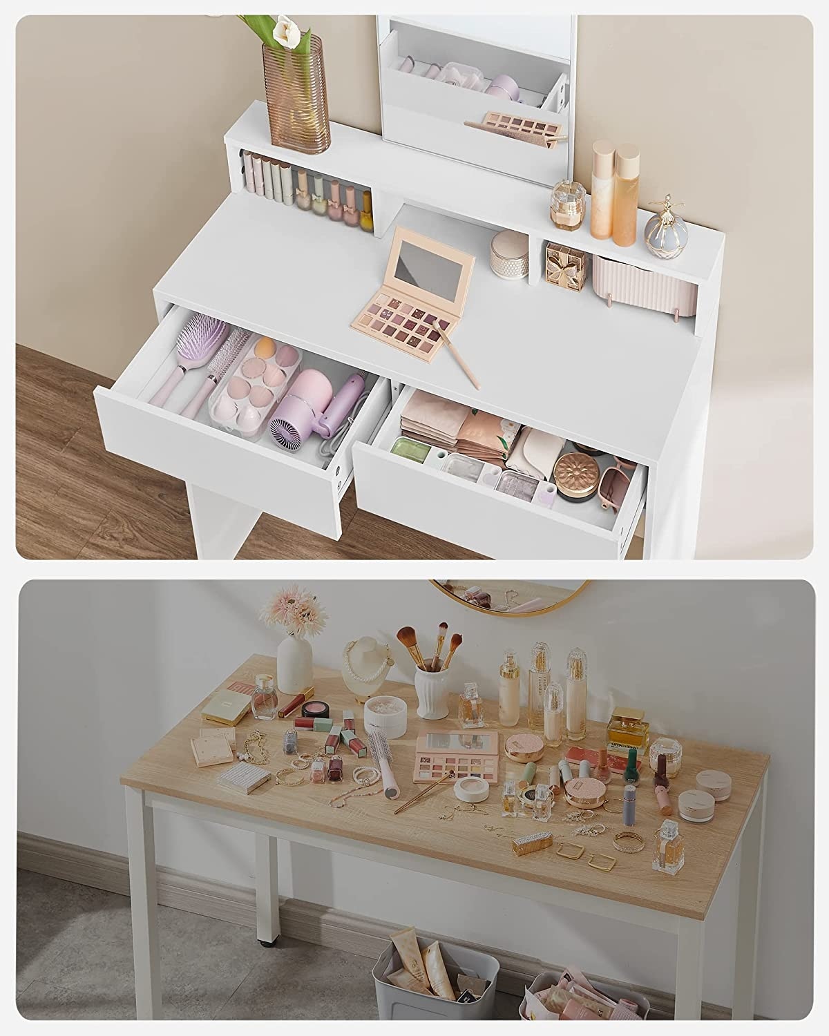 Parya Home - Witte Kaptafel - Rechthoekige spiegel - 2 lades en 3 open vakken - Wit