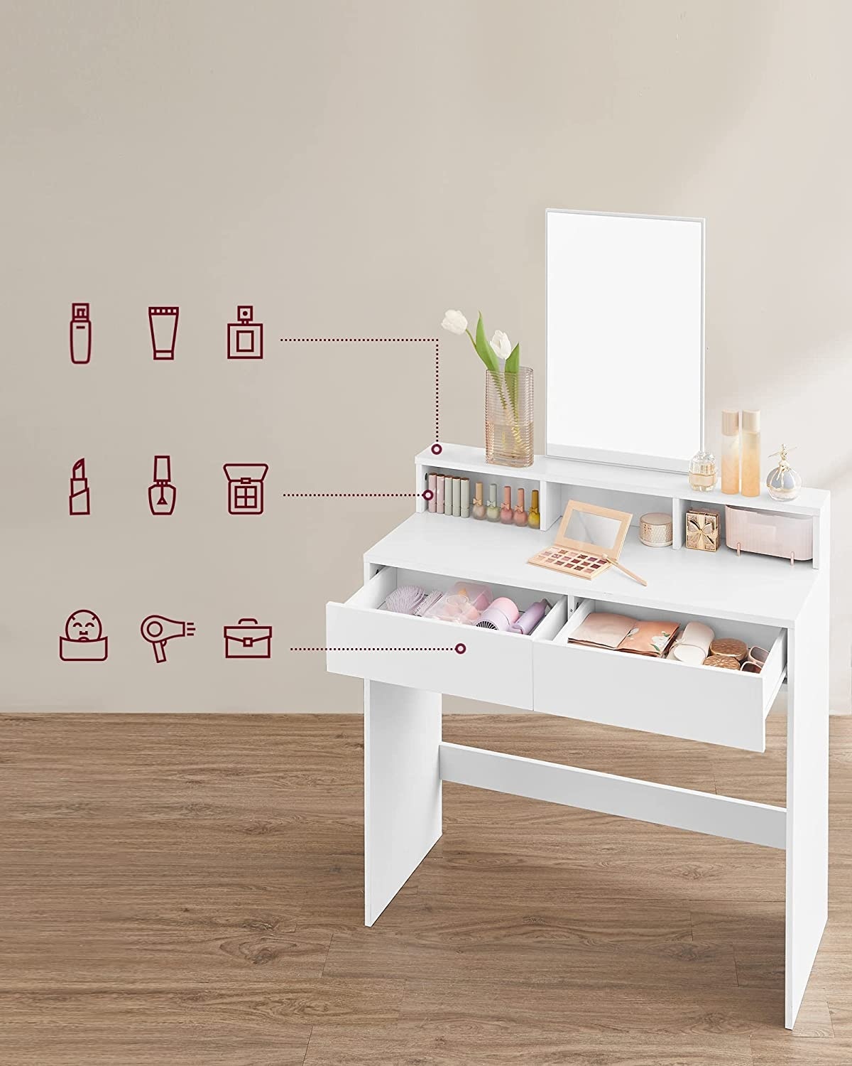 Parya Home - Witte Kaptafel - Rechthoekige spiegel - 2 lades en 3 open vakken - Wit