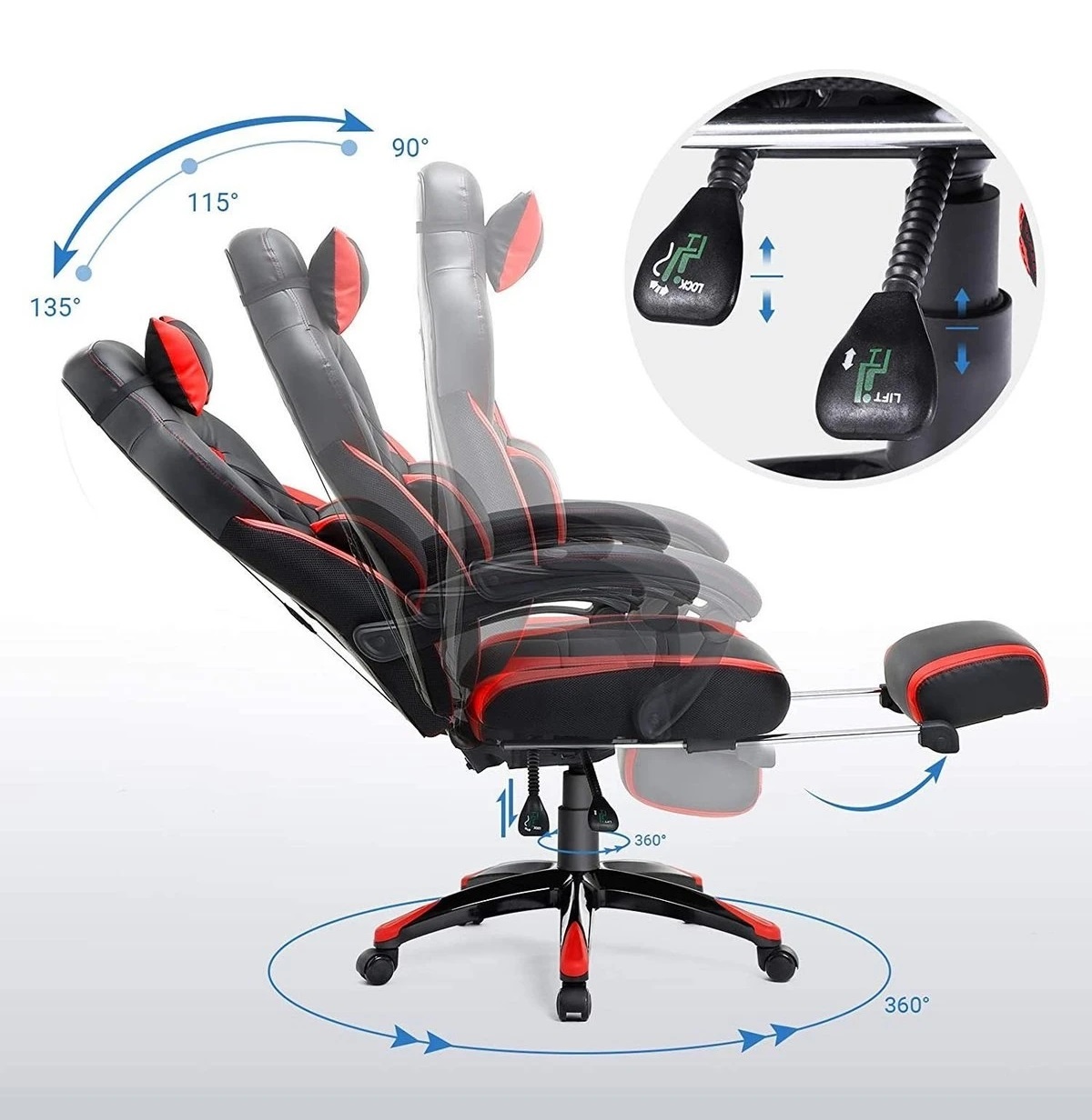 Parya Home - Gaming chair - Bureaustoel - Voetensteun, Hoofdsteun en Lendenjussen - Rood