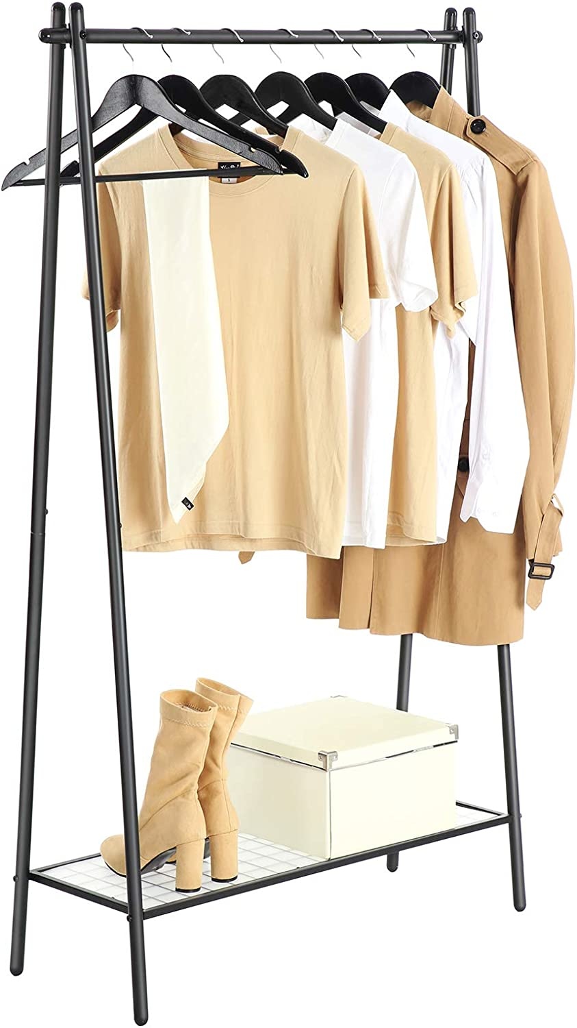 Parya Home Stahl-Kleiderständer mit Kleiderstange, Ablage im unteren Bereich, einfach, Schlafzimmer, Flur, Dachboden, Keller, 92,5 x 33,5 x 153 cm, Mattschwarz