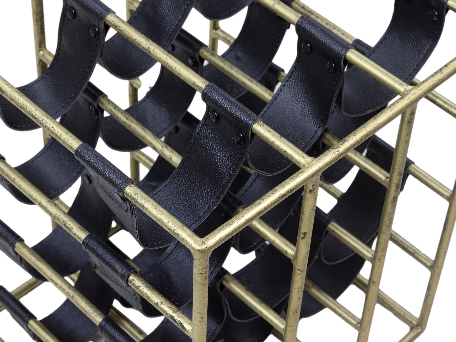 Wijnrek 12 Flessen - 33x32x40 - Antiek Goud/Zwart - Metaal/Faux Leder