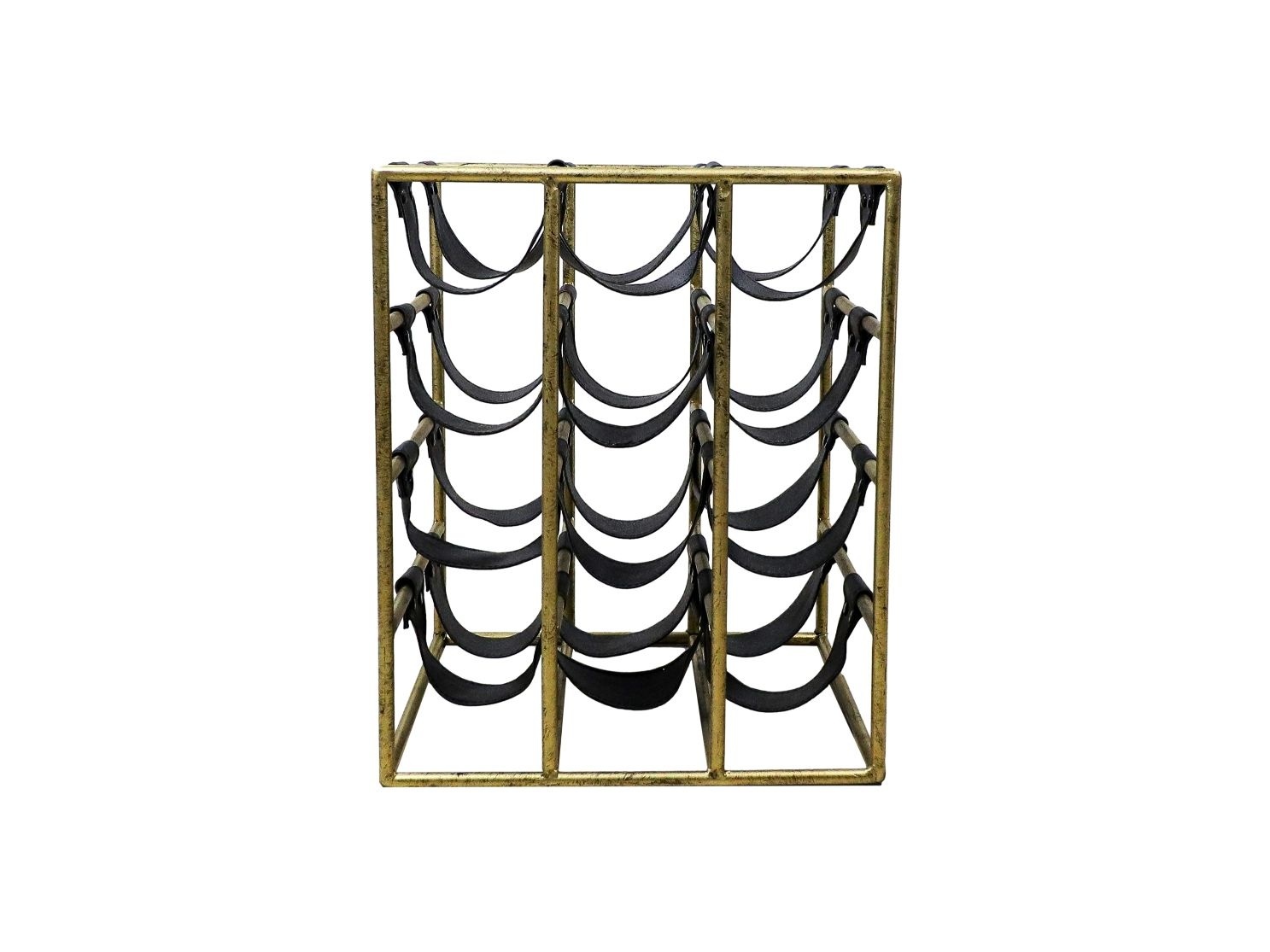 Wijnrek 12 Flessen - 33x32x40 - Antiek Goud/Zwart - Metaal/Faux Leder