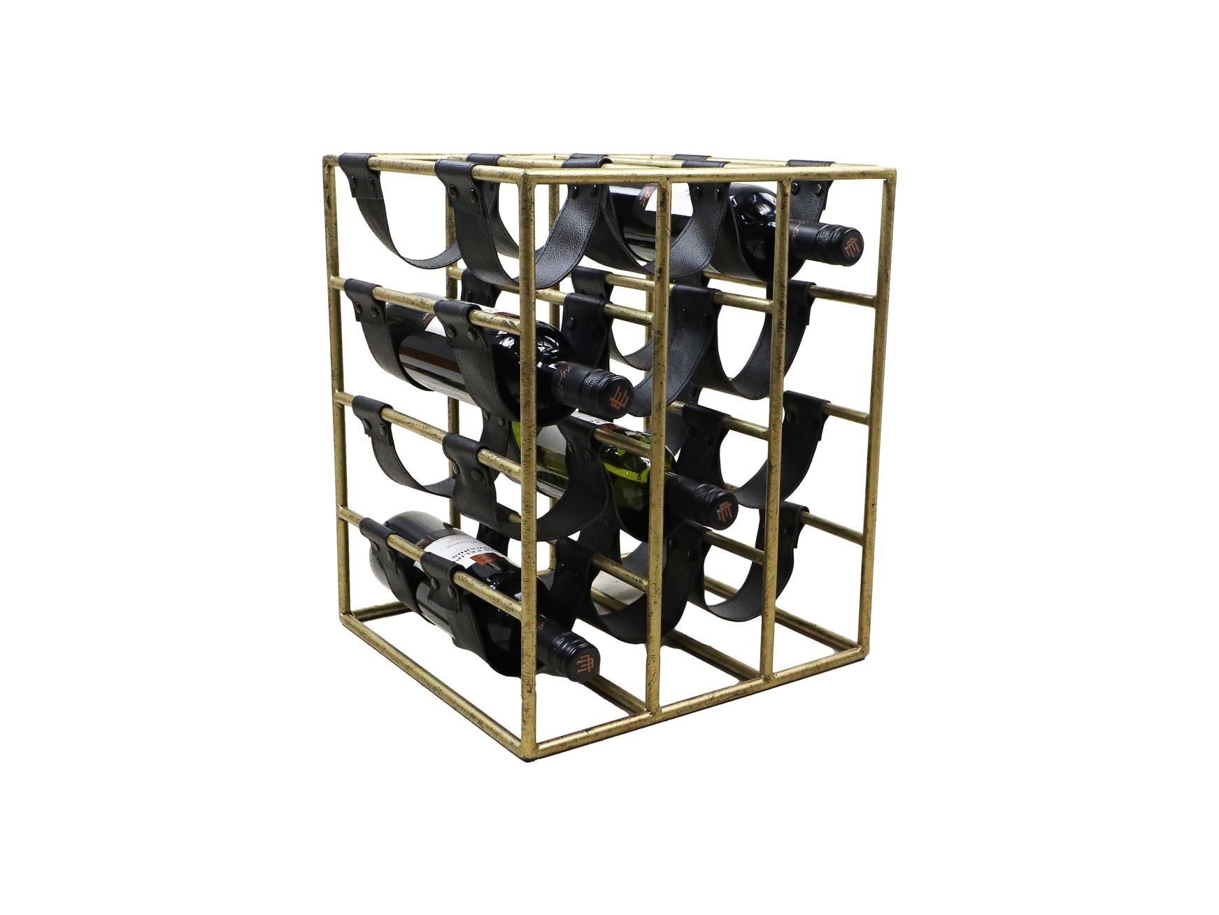 Wijnrek 12 Flessen - 33x32x40 - Antiek Goud/Zwart - Metaal/Faux Leder