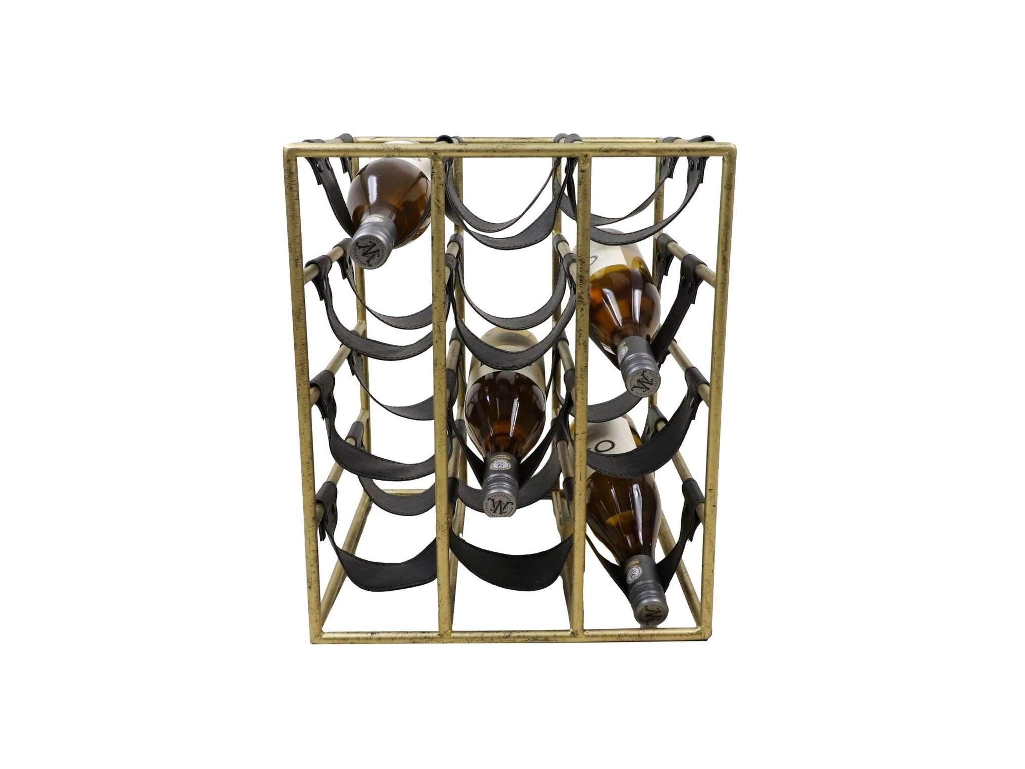 Wijnrek 12 Flessen - 33x32x40 - Antiek Goud/Zwart - Metaal/Faux Leder