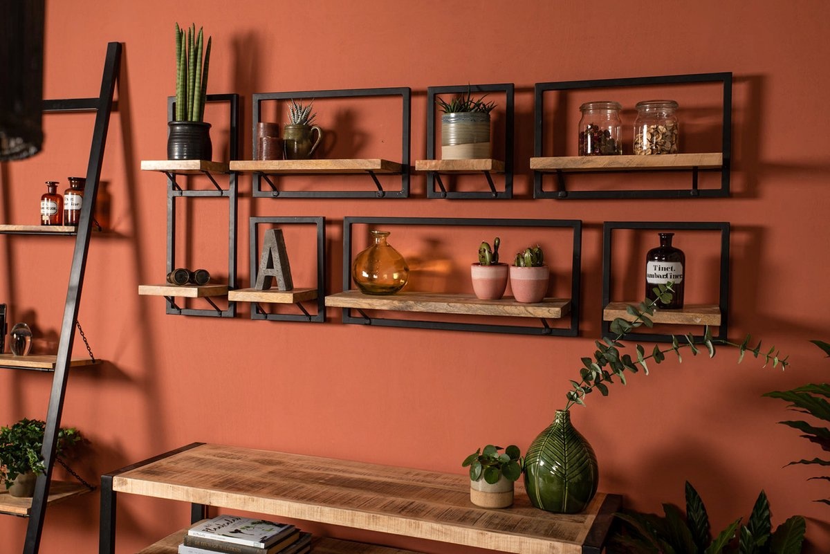 Wandplank Levels - 25x70 cm - Mangohout/IJzer